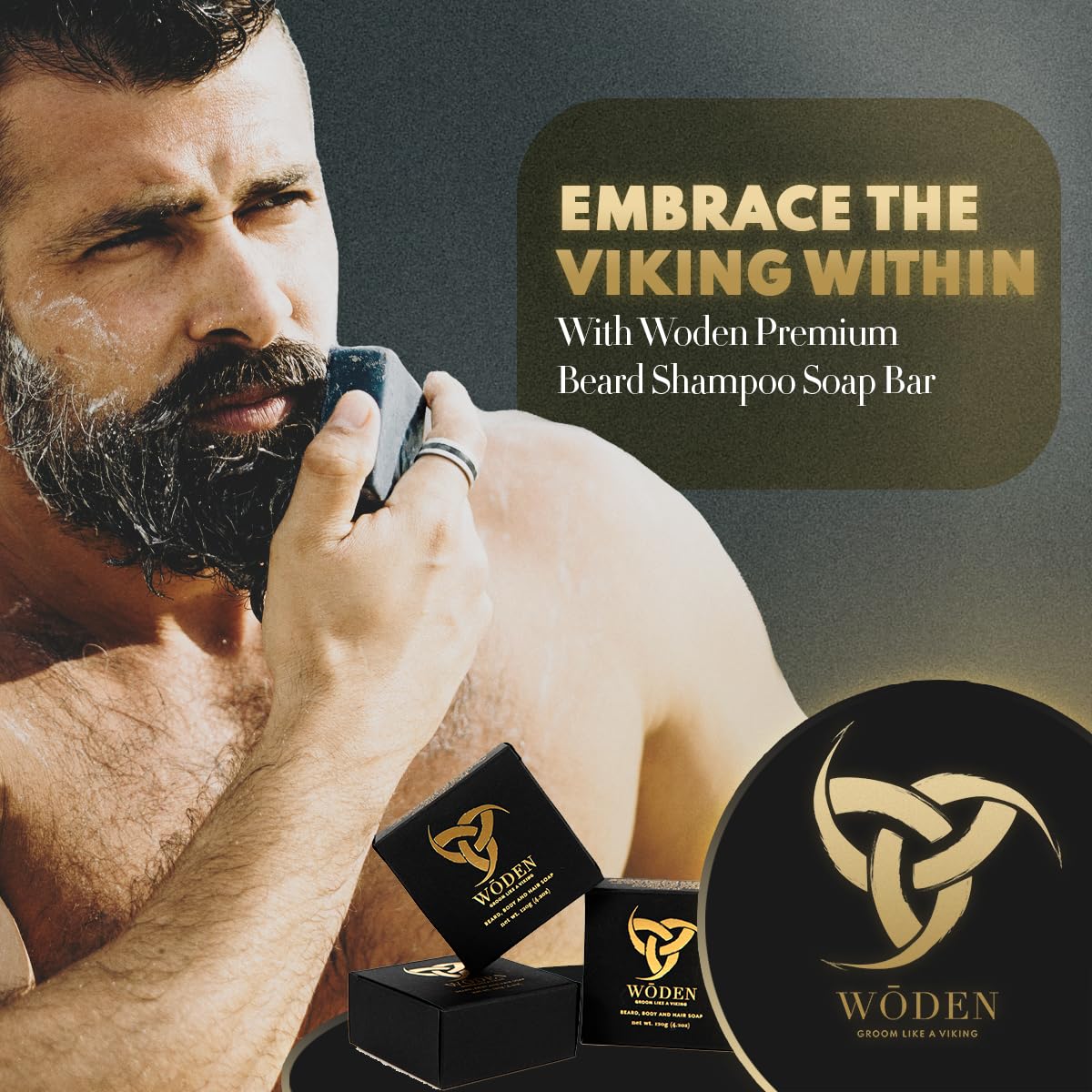Woden Men's Natural Soap Bar - Beard, Body and Hair Soap 120g| Groom like a Viking | Spicy Wood Fusion | Fenrir | Woden