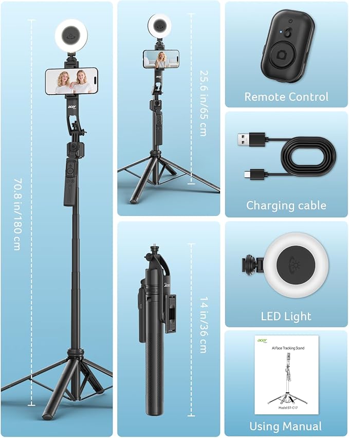 acer Auto Face Tracking Tripod for iPhone/Cell Phone/Android/Camera with Light and Remote, 64", No App, 360°Rotating Tripod Selfie Stick for Tiktok YouTube Vlog Live Streaming Video Recording