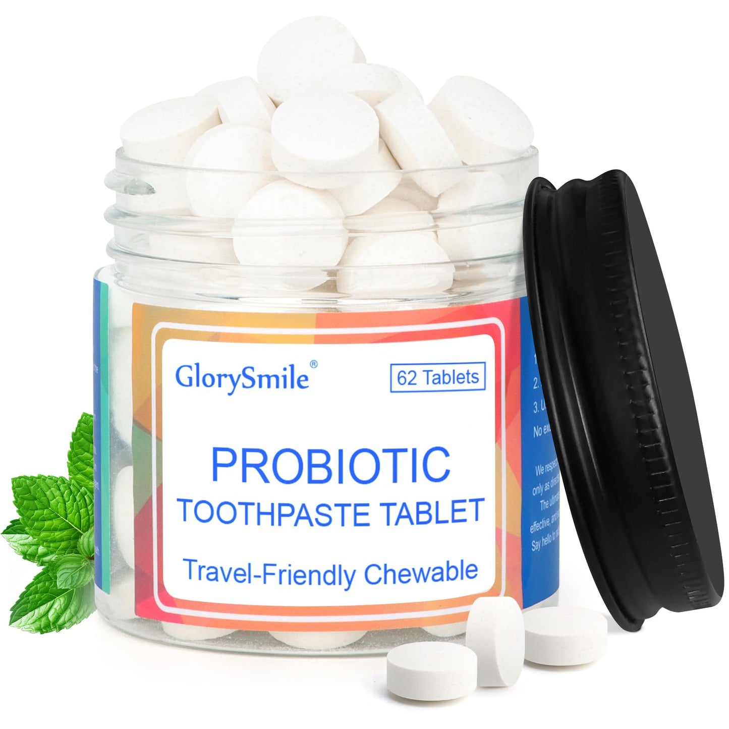 GlorySmile Toothpaste Tablets, Nano Hydroxyapatite with Probiotics, Fluoride & Plastic Free, Eco & Travel Friendly Size, Remineralizing Chewable Toothpaste Tabs - 62ct, Mint