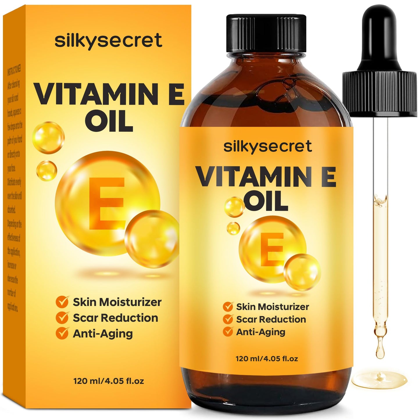 SilkySecret Organic Vitamin E Oil (4.05 Fl Oz), 50,000 IU Face and Body Moisturizer with Almond, Jojoba, and Rosehip Oils, Skincare & Face Moisturizer for Healthy Radiant Skin
