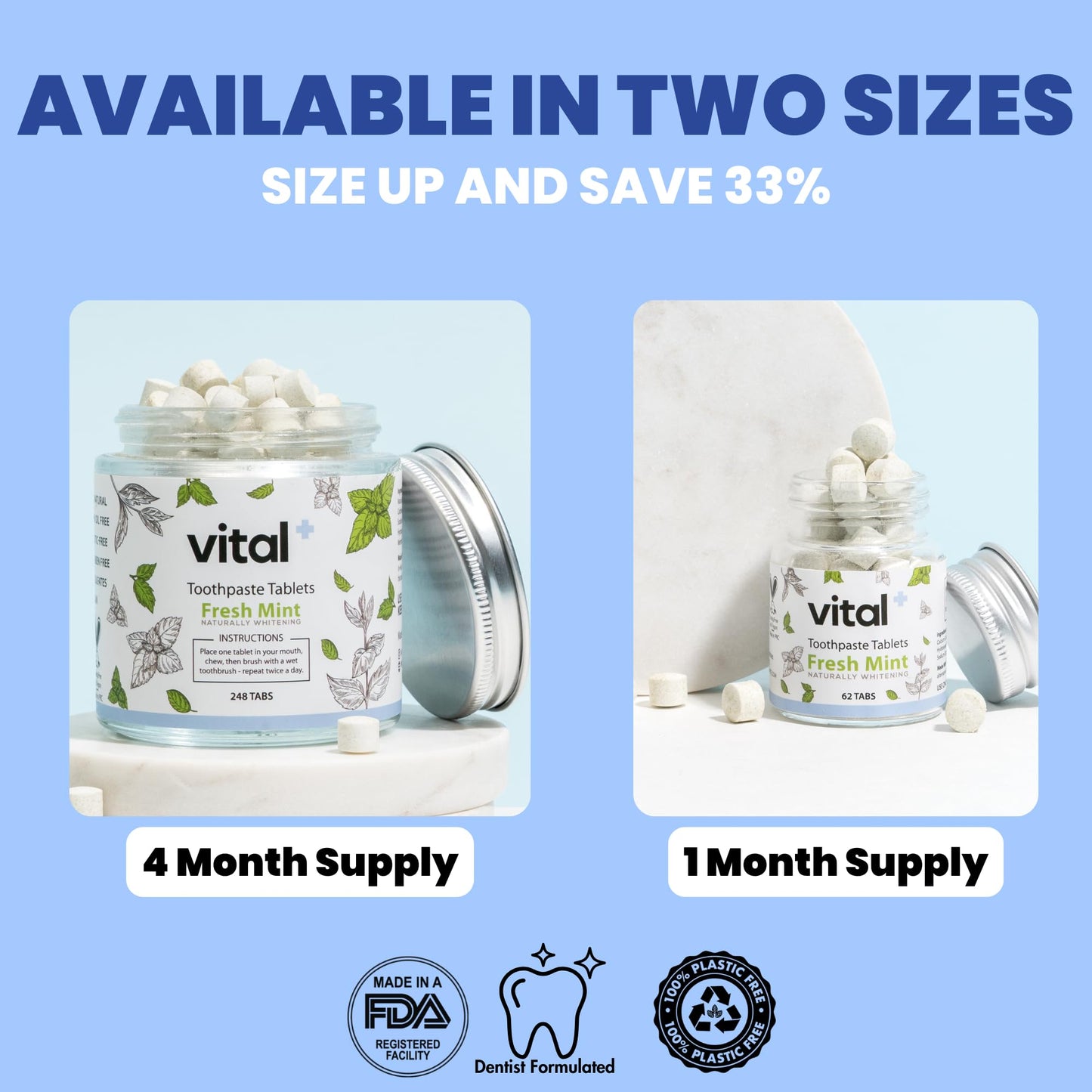 Vital Toothpaste Tabs with 7% Nano-Hydroxyapatite | Naturally Whitens + Remineralizes Teeth | Fluoride & Plastic Free | Combats Sensitivity | Travel & Eco Friendly | Fresh Mint | 62 Tablets (1 Month)