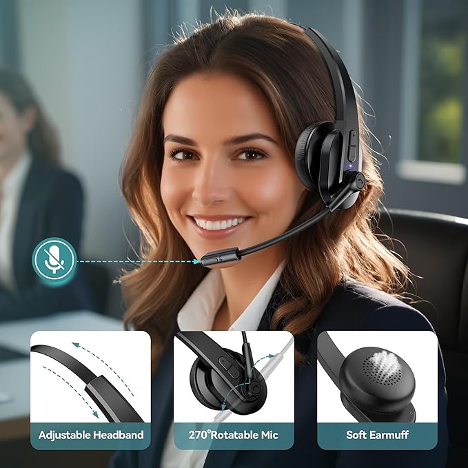 Bluetooth Headset with USB Dongle for Computer, Single-Ear Wireless Headset with Noise Cancelling Microphone for Office & Truckers, Bluetooth V5.2 with Mute Button for Work