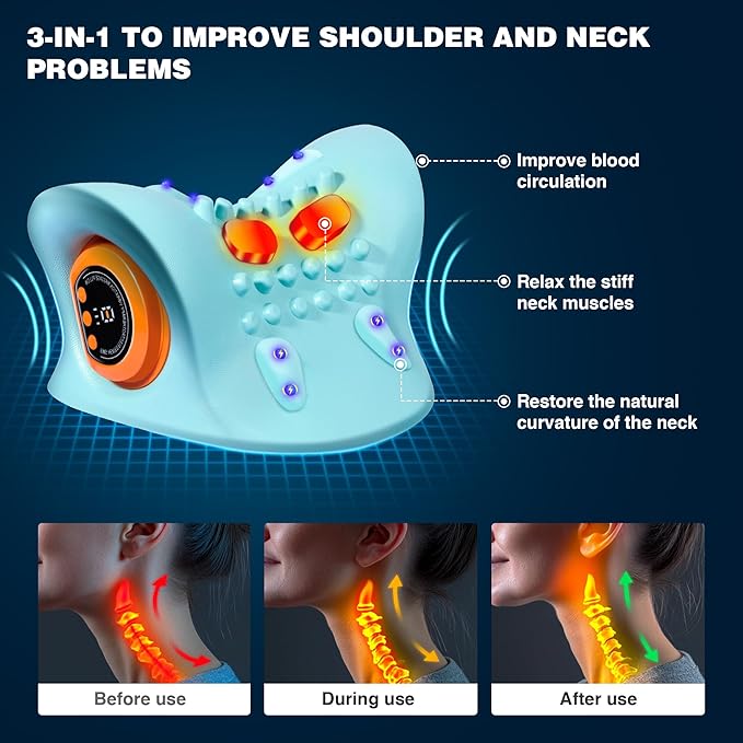 Neck Massager 2025, Neck and Shoulder Relaxer with Heat, 3 Modes, Portable Pillows for Pain Relief and Muscle Relax, 26° Angle Cervical Traction Device for Back, Shoulder