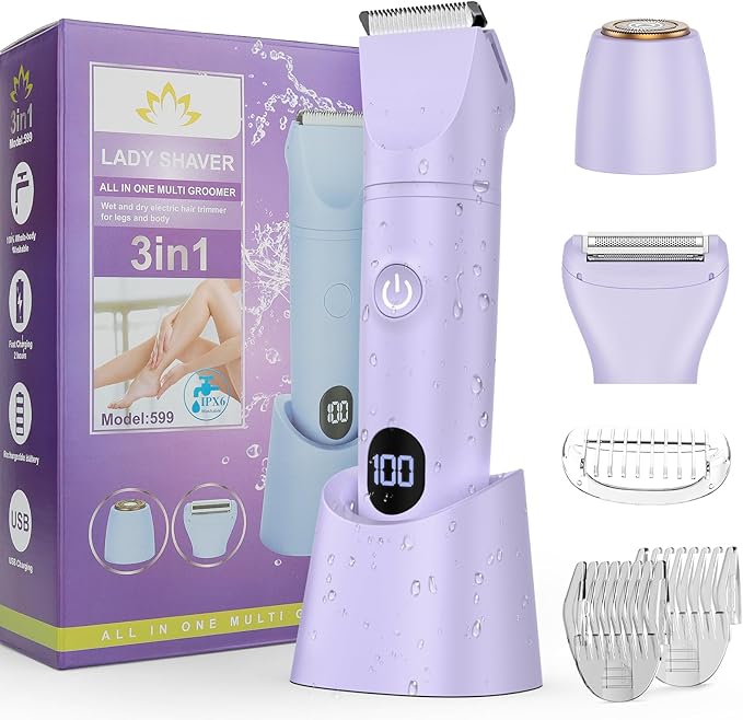 Bikini Trimmer Electric Razors for Women,3 in 1 Body Hair Removal Kit for Face,Pubic,Arm, Leg, Armpit, Bikini Trimmer,Painless IPX6 Waterproof Rechargeable Portable Lady Shavers Wet & Dry Gifts