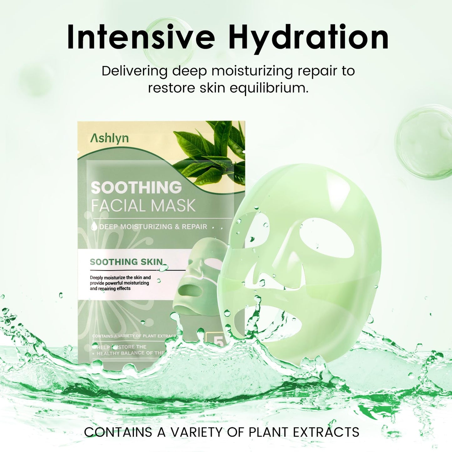 Ashlyn Green Tea Soothing Collagen Face Mask - Overnight Hydrating Sheet Mask with Hyaluronic Acid & Collagen for Sensitive Skin, Deep Moisture Calming Relief for Glass Skin, 35g, 5ea