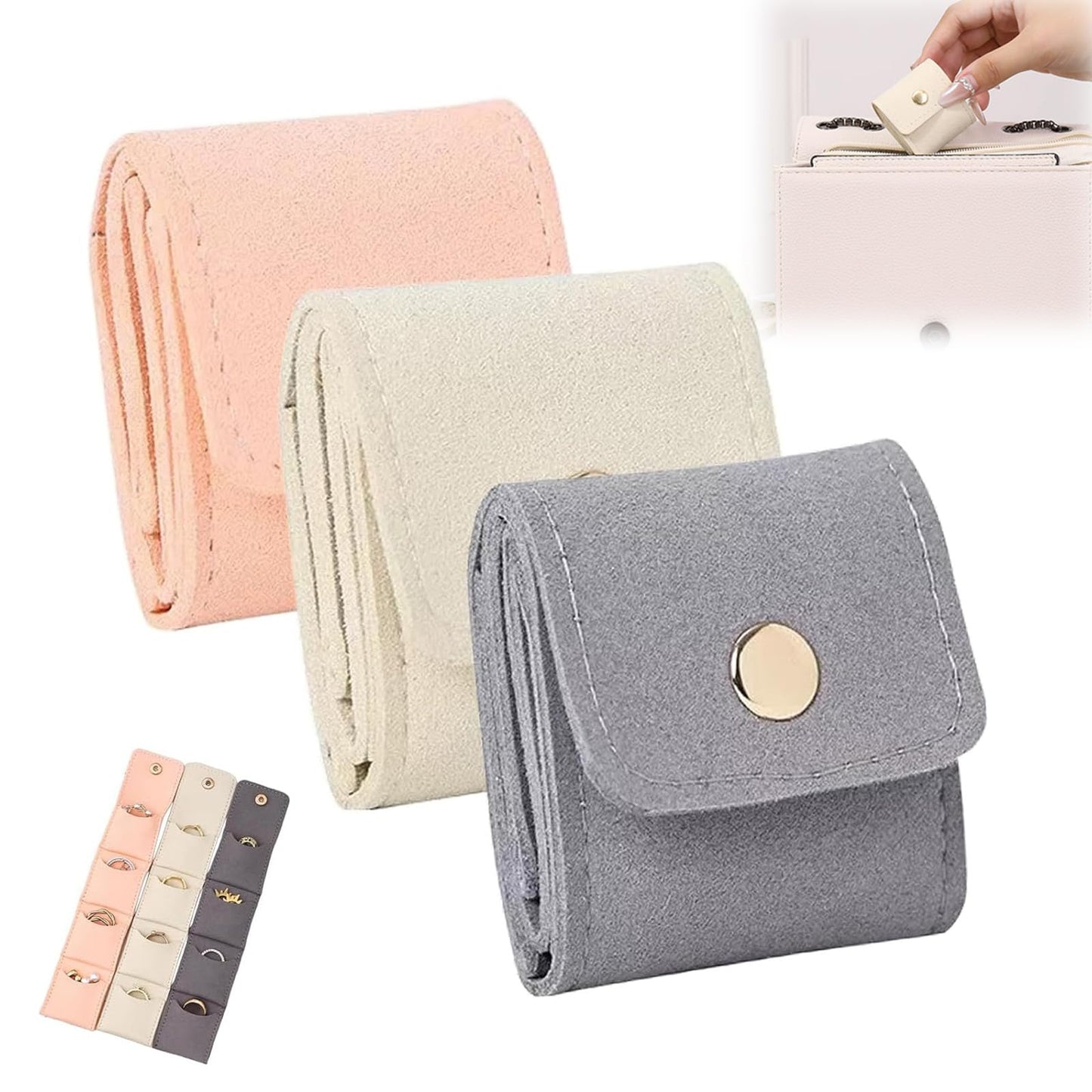 Samelek 3pcs Mini Travel Jewelry Organizer - Foldable Jewelry Roll Case with Buckle, Portable Jewelry Box for Earrings, Rings, Necklaces