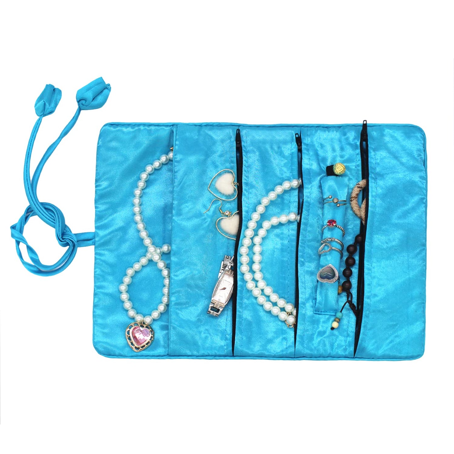 Wei Long@Jewelry Roll, Travel Jewelry Roll Bag,Silk Embroidery Brocade Jewelry Organizer Case with Tie Close, (Peacock,Blue)