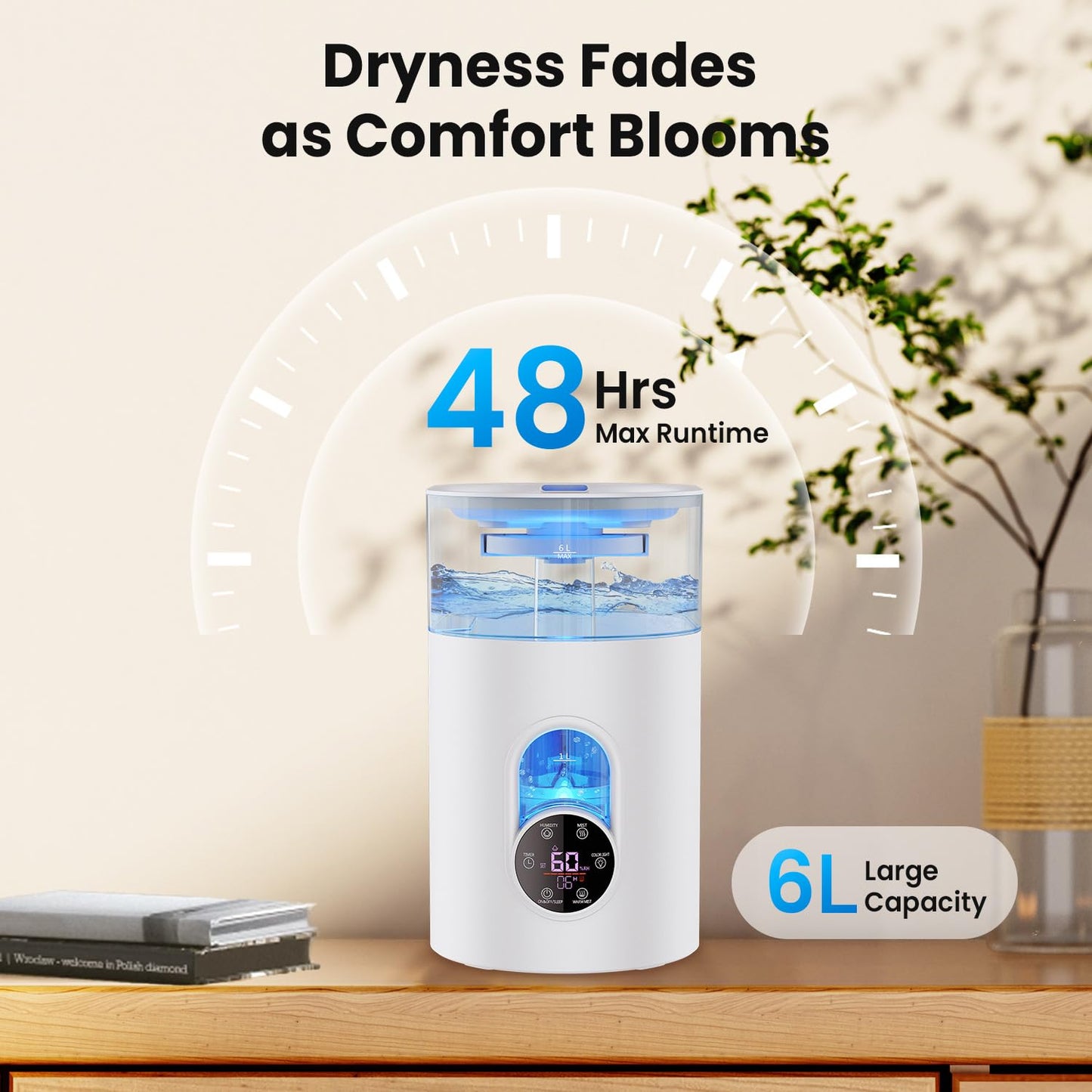 Humidifiers for Bedroom Large Room Home - GloryAir 6L Quiet Top Fill Cool & Warm Mist Humidifier with Smart Humidity Control, Remote Control, 7-Color Light, Humidistat, Oil Diffuser for Plants & Baby