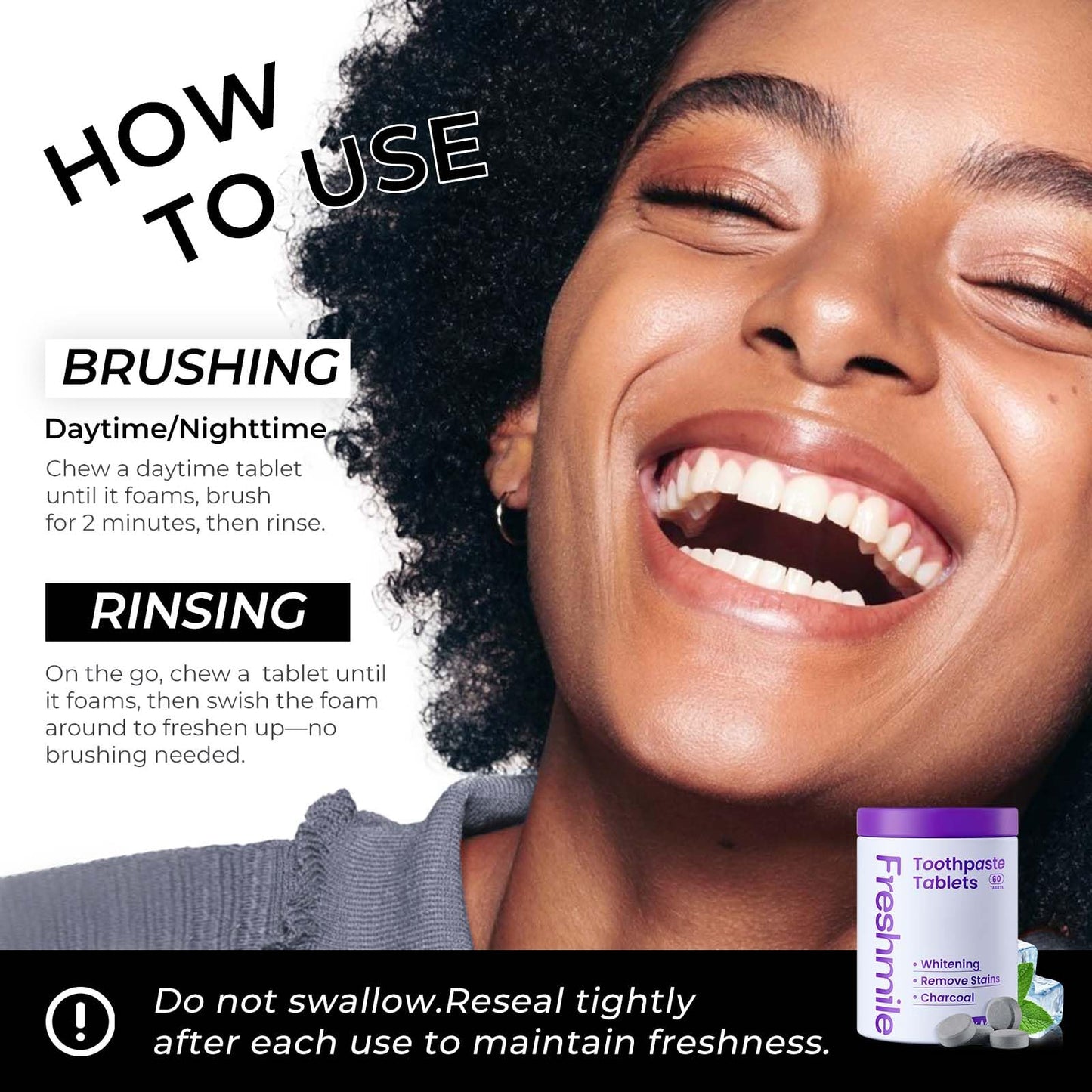 Freshmile Whitening Toothpaste Tablets with Nano-Hydroxyapatite (NHA) for Smokers, Super Cold, Fluoride-Free, Charcoal Powder Whitening, Deep Clean, Enamel Repair, Travel-Friendly Tabs (60 Count)