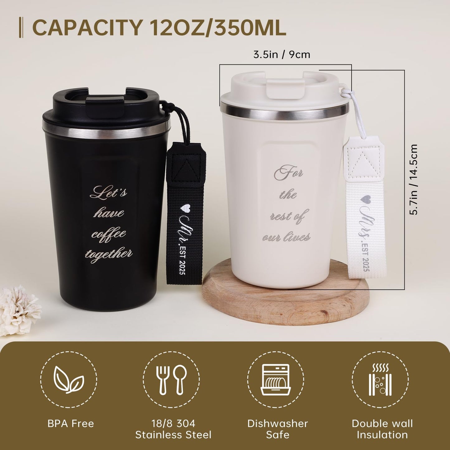 Tonoler Mr and Mrs Gifts 2025, Stainless Steel Insulated Coffee Mug for Couples, Wedding/Engagement/Bridal Shower Gifts for Newlywed, Bride and Groom - 12 Oz