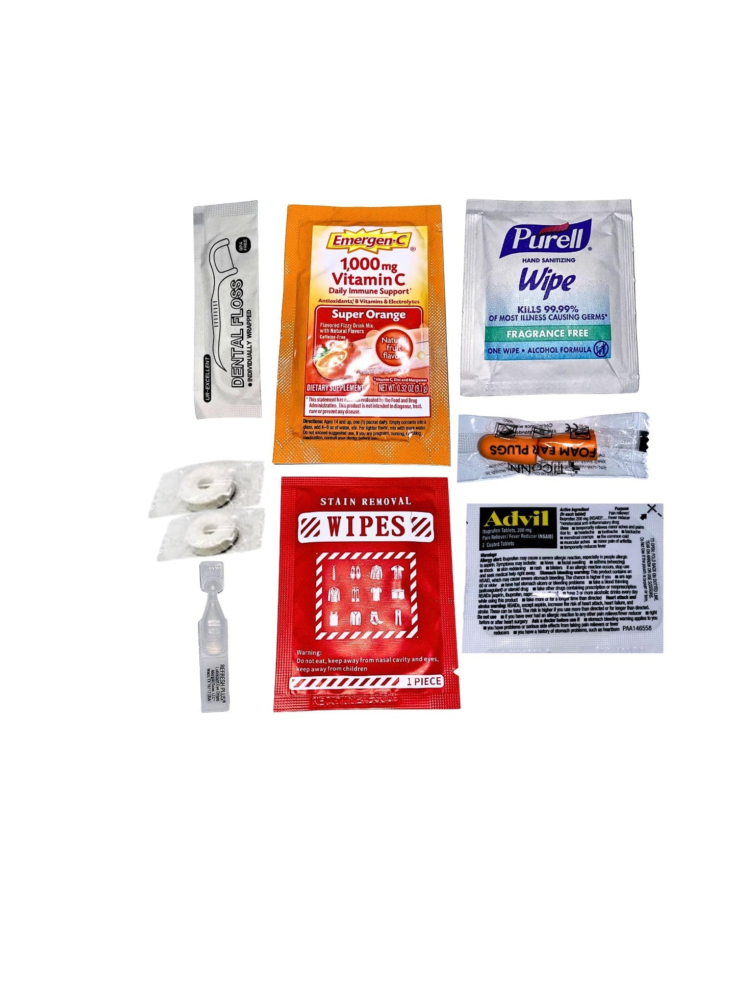 Travel Kit – Pre-Packed TSA-Approved Bag | Compact Goodie with Pain Relief, Stain Remover Wipe, Ear Plugs, Vitamin C, Eye Drops & Mints for Flights, Road Trips & Vacations