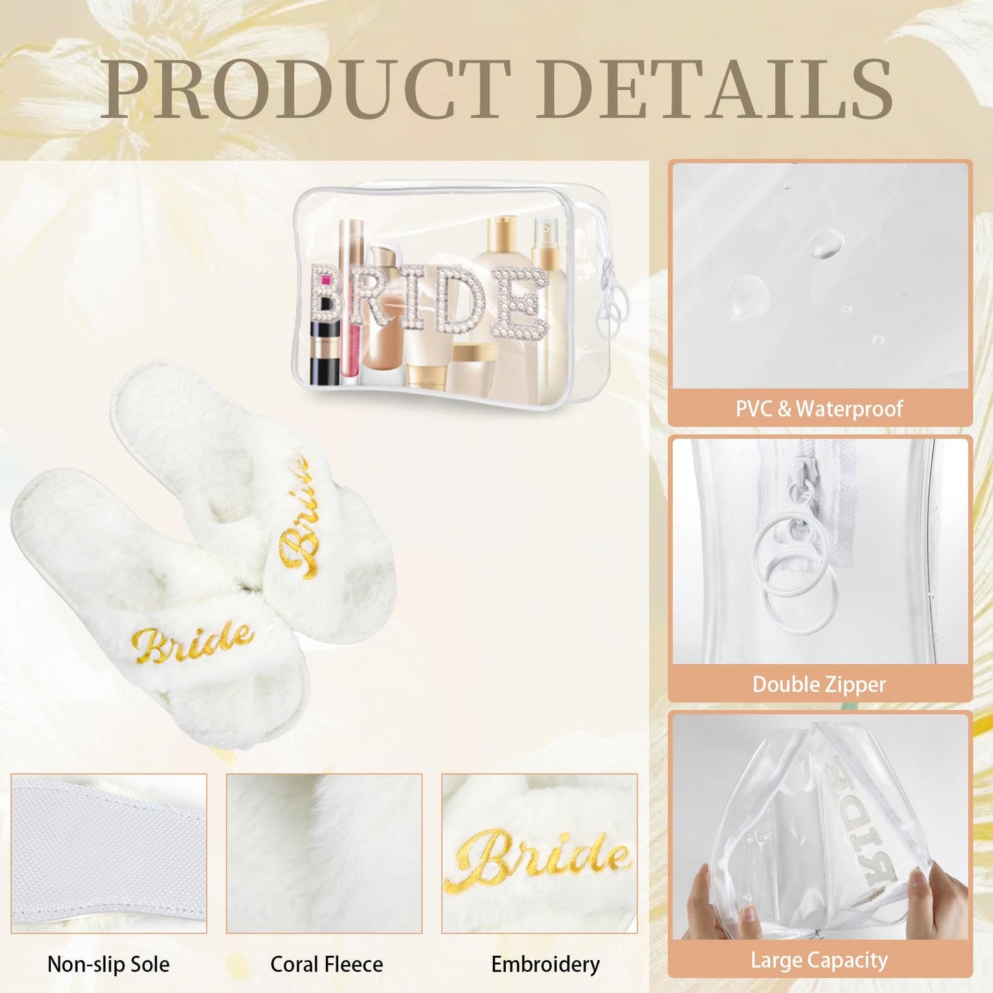 Hazms Bride To Be Gifts Set-4Pcs Bridal Shower Gifts Ideal Bride Gifts for Bachelorette, Wedding, Engagement and Honeymoon Bridal Hair Clip,Makeup Bag, Slippers, Hair Bands Bridal Gifts Set