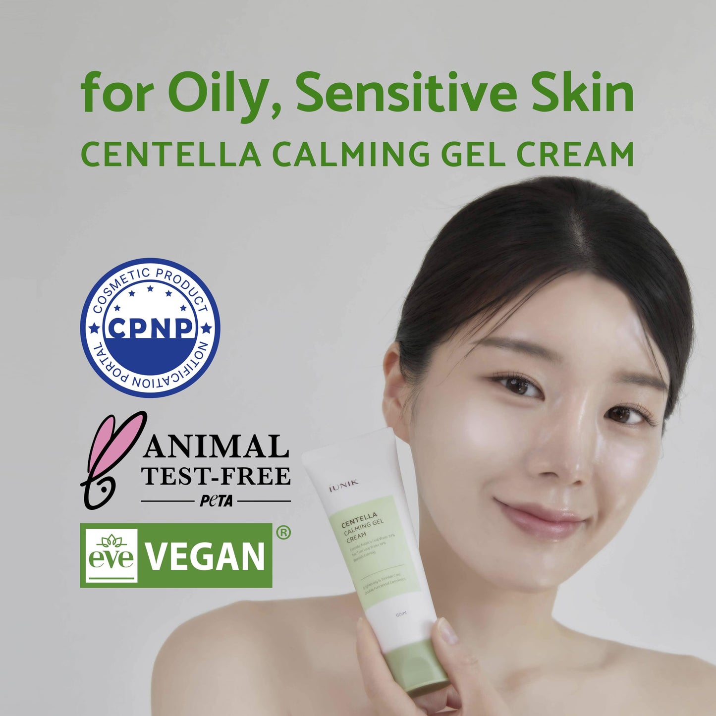 IUNIK Centella Calming Gel Cream Vegan Non-Sticky Moisturizing Blemish Care w/Centella Asiatica Tea Tree Soothes Acne Rosacea Oily & Sensitive Skin Korean Skincare