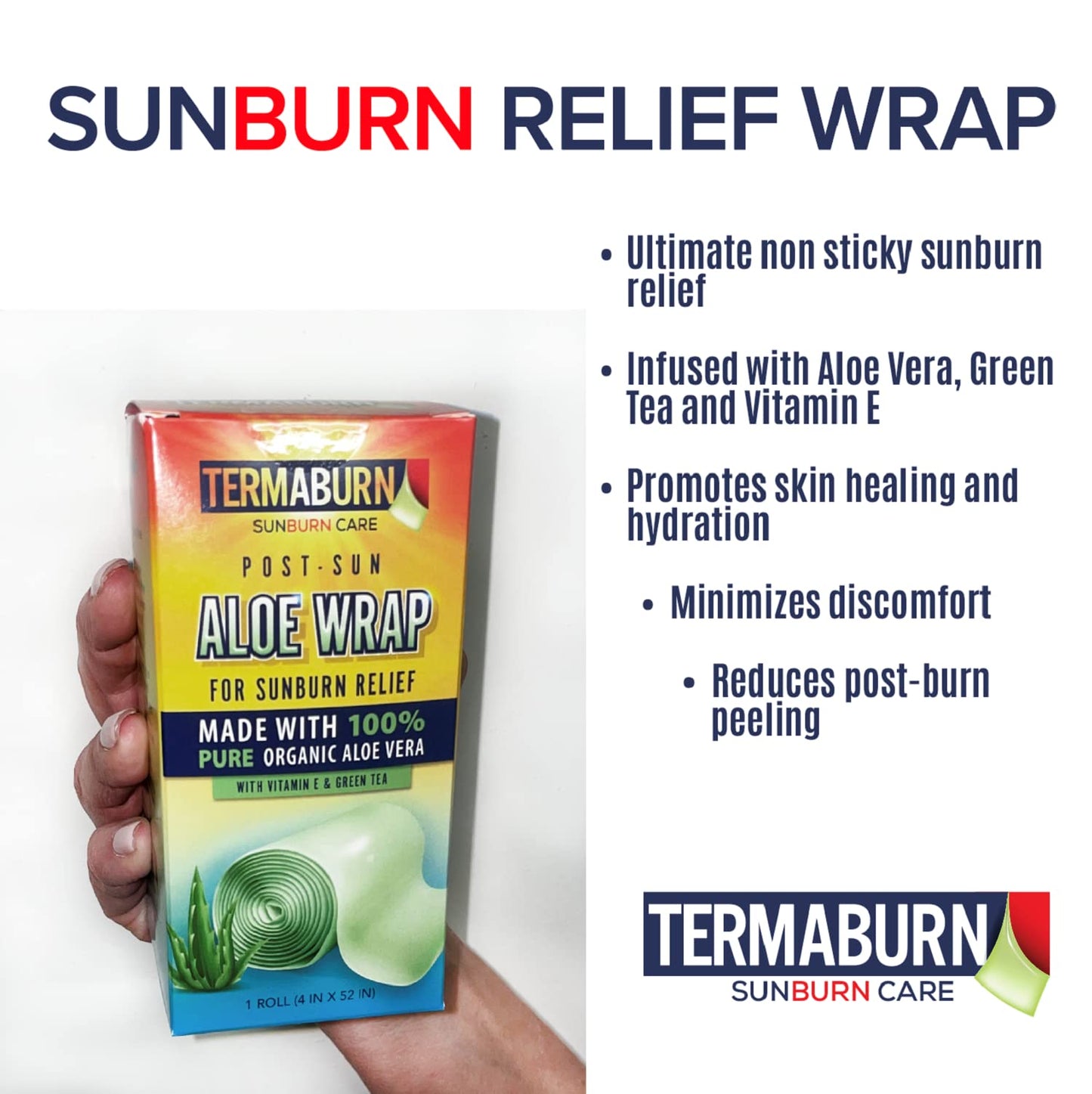 TermaBurn Aloe Wrap for Sunburn Relief – Hydro-Gel Aftersun Treatment with 100% pure aloe vera Gel | Second Skin aloevera gel for burns and peeling irritation | Great for Tattoo Aftercare and Sun Care