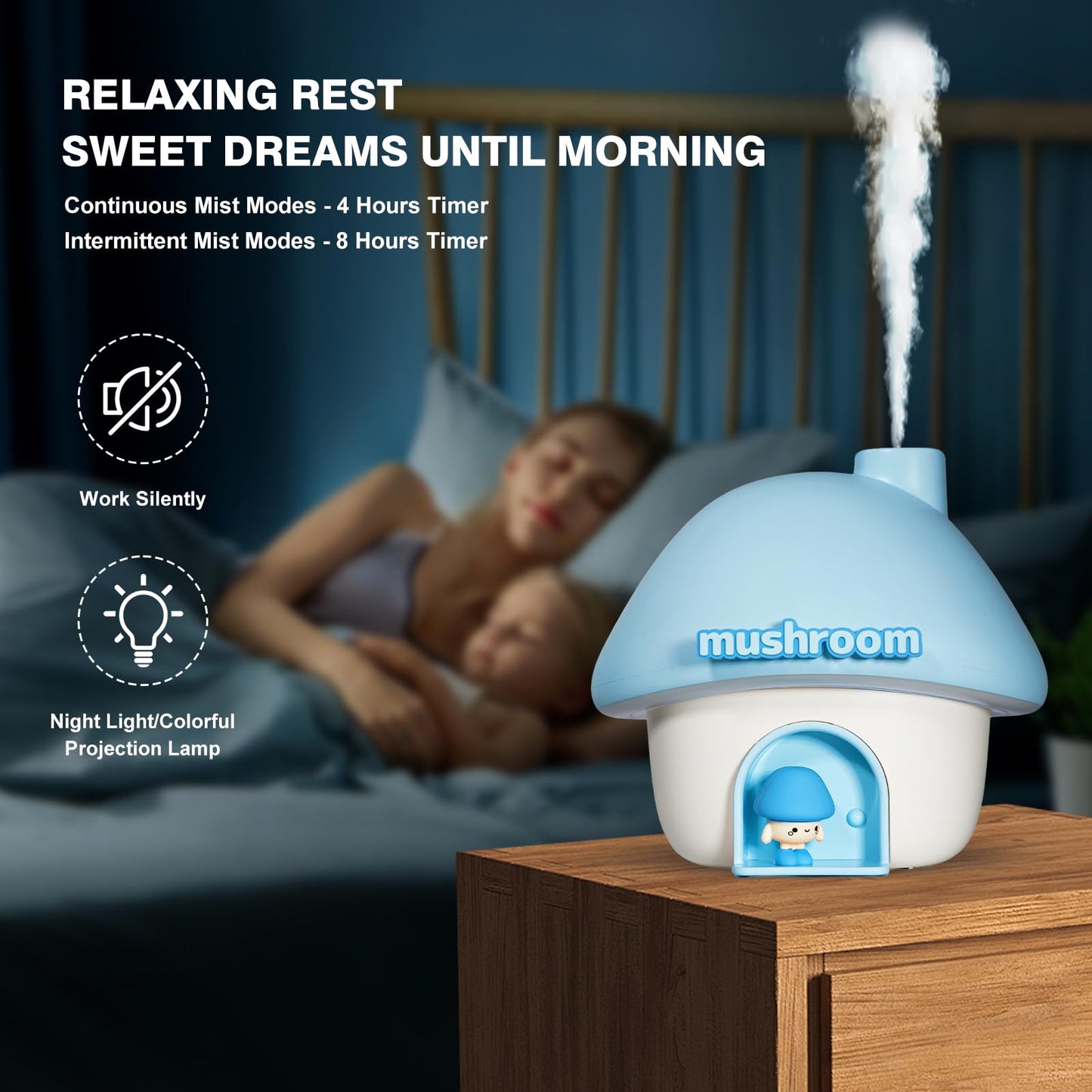 Cute Mushroom House Humidifier, 300ml Small Cool Mist Humidifers, USB Rechargeable Mini Portable Air Humidifer with Night Light for Bedroom, Office, Car, Travel, Indoor Plants (Blue)