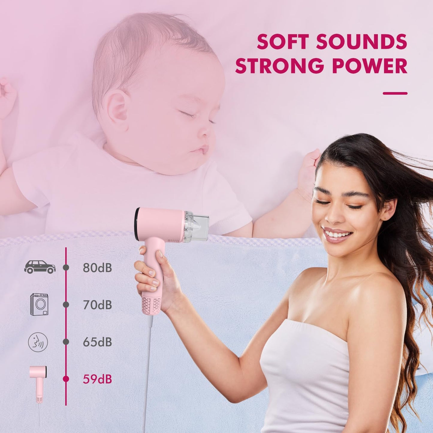 Mini Travel Hair Dryer for Women, 110000 RPM High-Speed Pink Small Blow Dryer, Portable Hairdryer for Fast Drying, Low Noise Thermo-Control, Compact Hair Dryer with Magnetic Nozzle