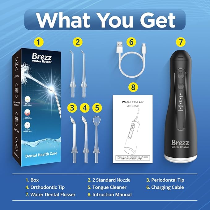 Brezz Water Dental Flosser Pick:Professional for Teeth Cleaning,4 Modes Cordless, Rechargeable IPX 7Waterproof,300ML Large Tank,Electric,Portable Home Travel,5Tips Flossing,Powerful Battery (Black)