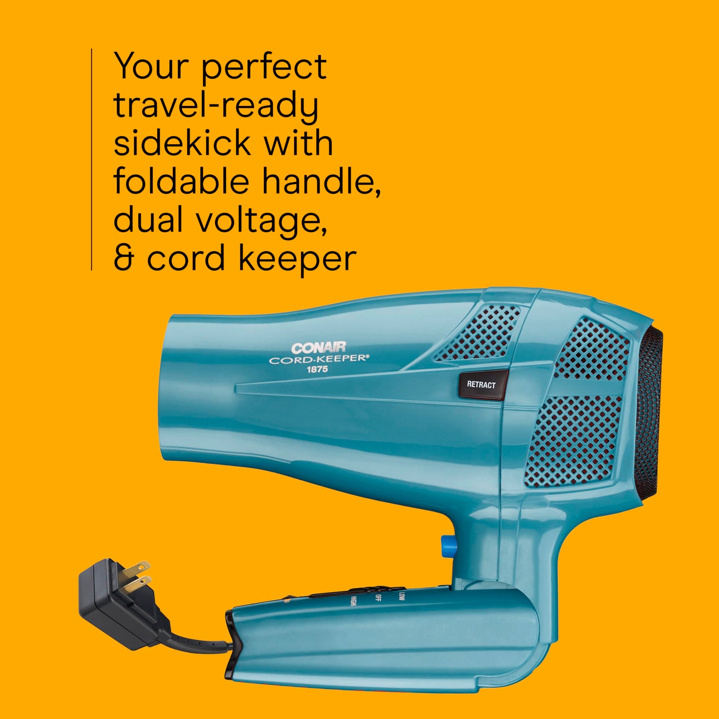 Conair Cord-Keeper Dryer with Folding Handle and Retractable Cord, 1875W Travel Hair Dryer, Ionic Technology, Teal