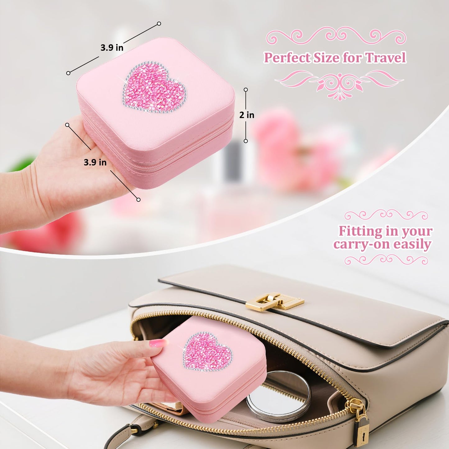 Bling Heart Rhinestone Jewelry Box Gifts for Teen Girls Kids Women,Trendy Sparkly Jewelry Case,Glitter Cute Travel Jewelry Box Organizer,Personalized Holiday Christmas Gifts,Small Size (Pink-Heart)