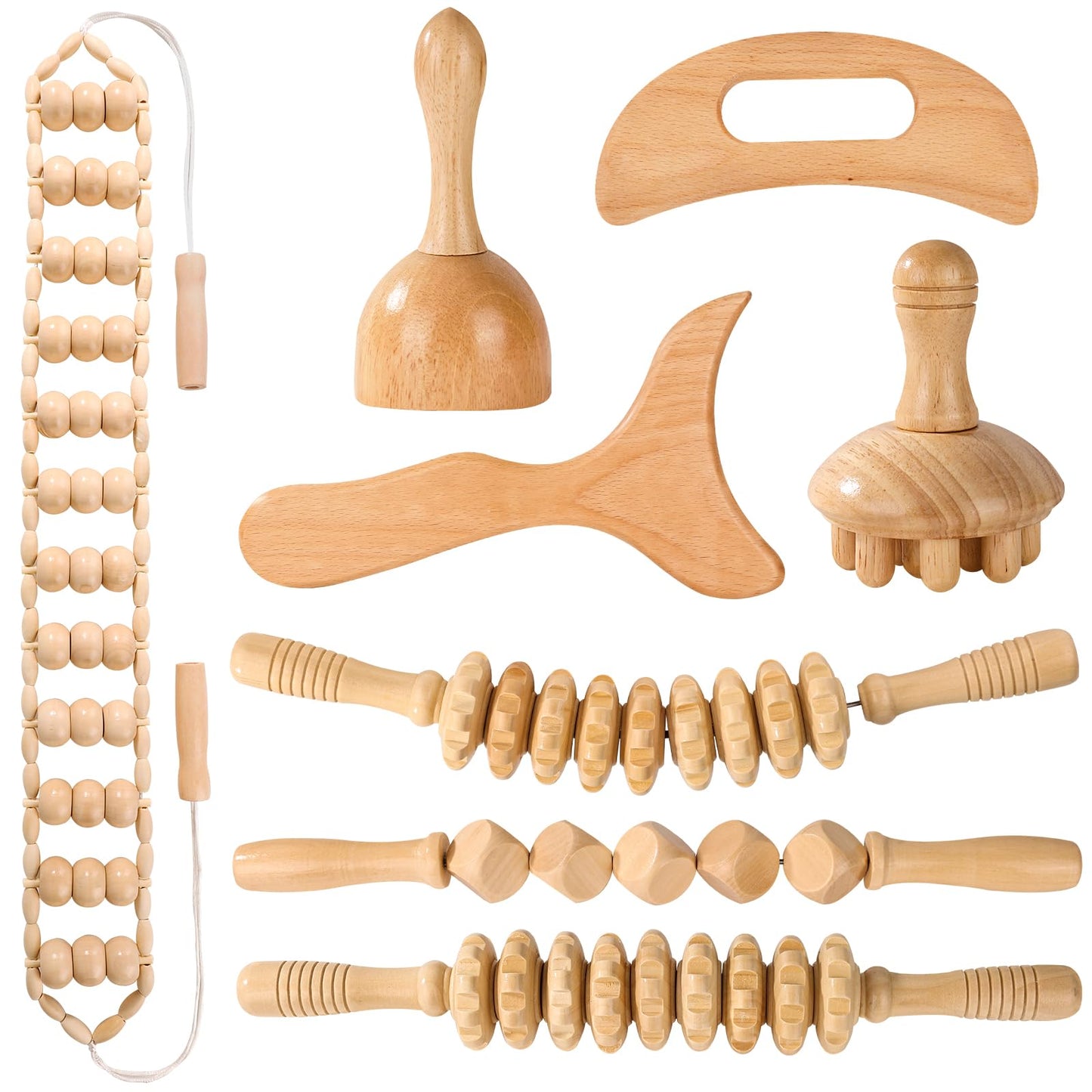 KQXTOKTY Wood Therapy Tools for Body Shaping,8 in 1 Wood Therapy Massage Tools,Wooden Gua Sha Tools,Lymphatic Drainage Massager,Maderoterapia kit,Wooden Massager Roller Rope for Body Shaping, Beige