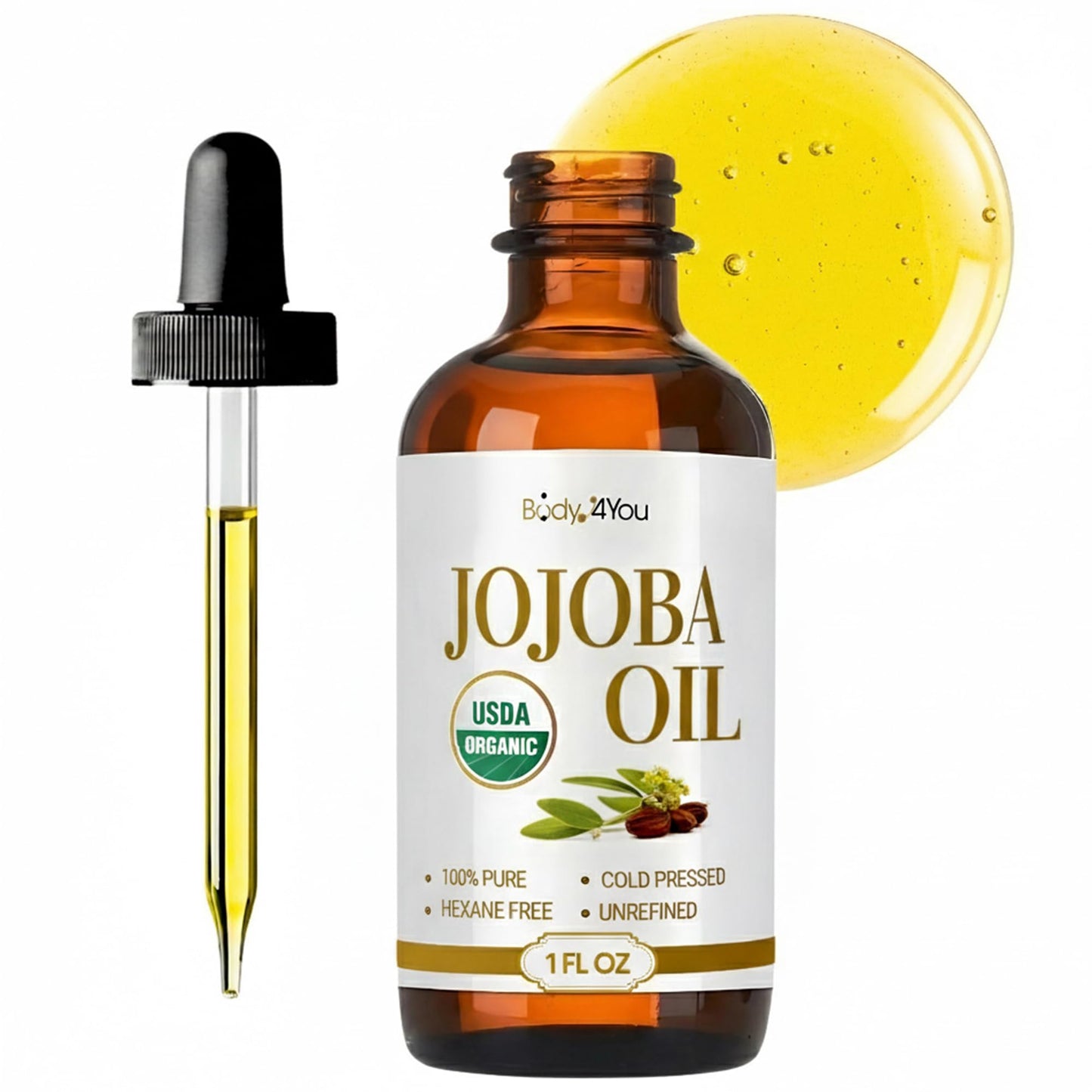 BodyJ4You Organic Jojoba Oil for Skin - USDA Organic 100% Pure Natural - Face Skin Gua Sha Facial Dermaplaning Hair Scalp Massage - Unrefined Cold Pressed Hexane Free - Base Carrier Wax - 1 Fl Oz
