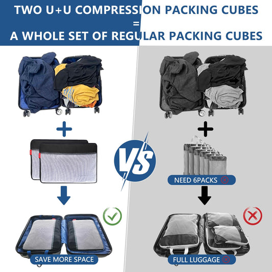 Compression Packing Cubes for Travel Essentials, 2 Set Suitcase Organizers for Luggage Carry on, Large Lightweight Compressible Expandable Mesh Travel Cubes by U+U, Black