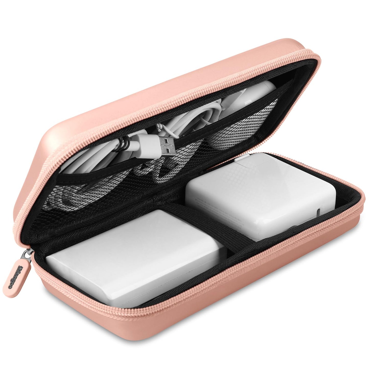 iMangoo Shockproof Travel Essentials Organizer Charger Case, Space-Optimized Zipper Electronics Accessories Pouch Tech Cord Cable Adapter Power Bank Storage for Women Men, 8.5x4.5x2 in (Rose Gold)