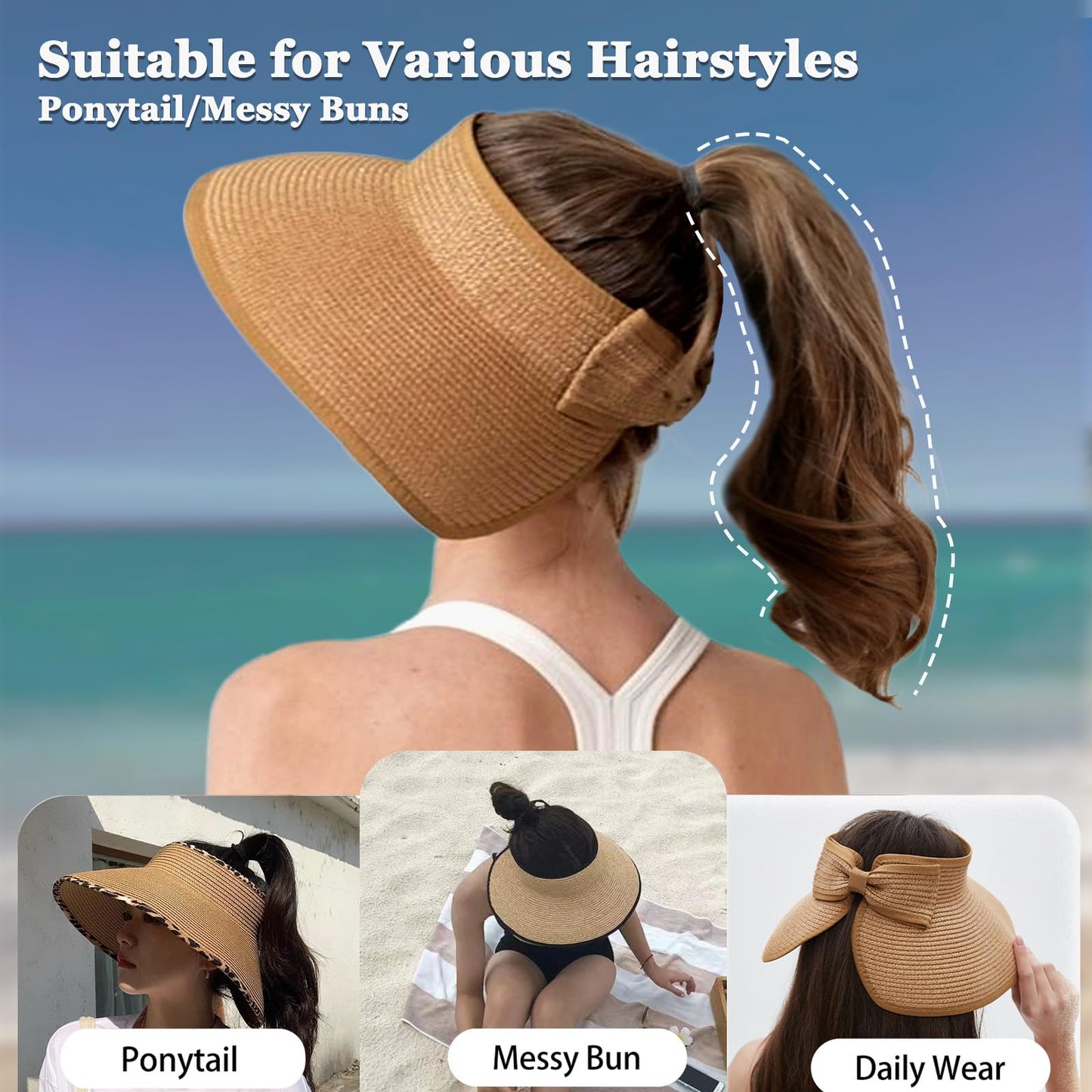 Women's Sun Visor Hats Wide Brim Straw Beach Hat Ponytail Hats for Women Foldable Floppy