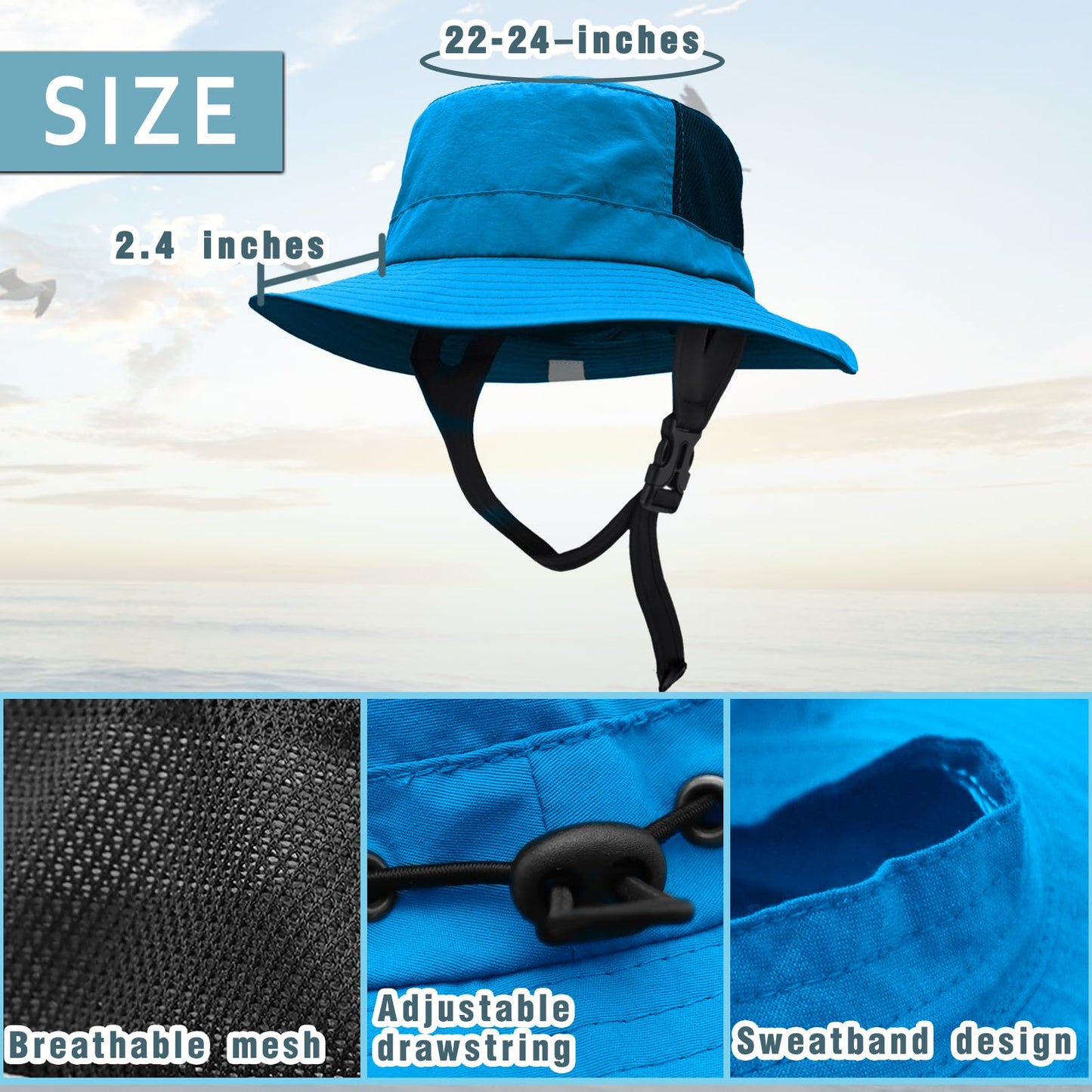 Seektop Surf Bucket Hat with UPF 50+ UV Protection, Waterproof Sun Hat with Adjustable Chin Strap for Surfing, Water Sports Blue