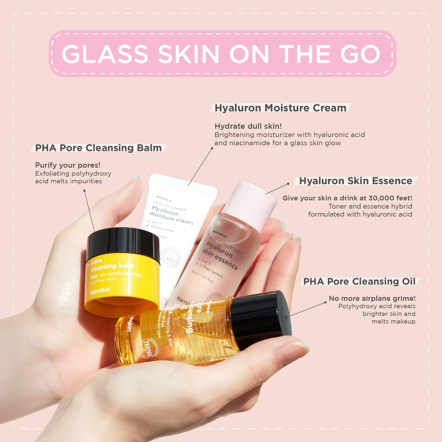 Hanskin Glass Skin On The Go Kit, Set of 4, Moisturizing Travel-Friendly Hydrating Skincare Set for Glowing Skin, Cleansers, Essence Toner and Moisturizer, Korean Skincare