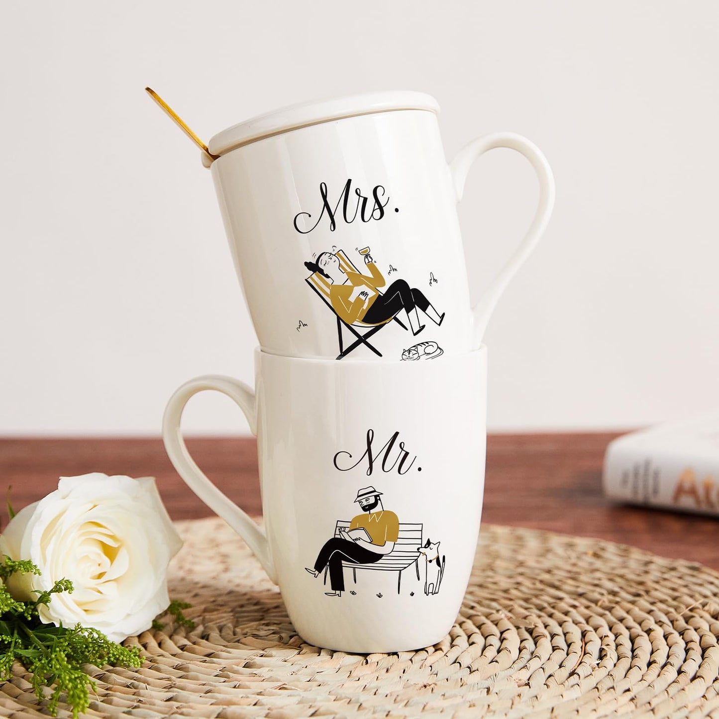 AW BRIDAL 16 OZ Mr and Mrs Coffee Mug Set of 2, Ceramic Engagement Anniversary Honeymoon Wedding Gifts for Newlywed Couples, Bridal Shower Bachelorette Gift For Bride