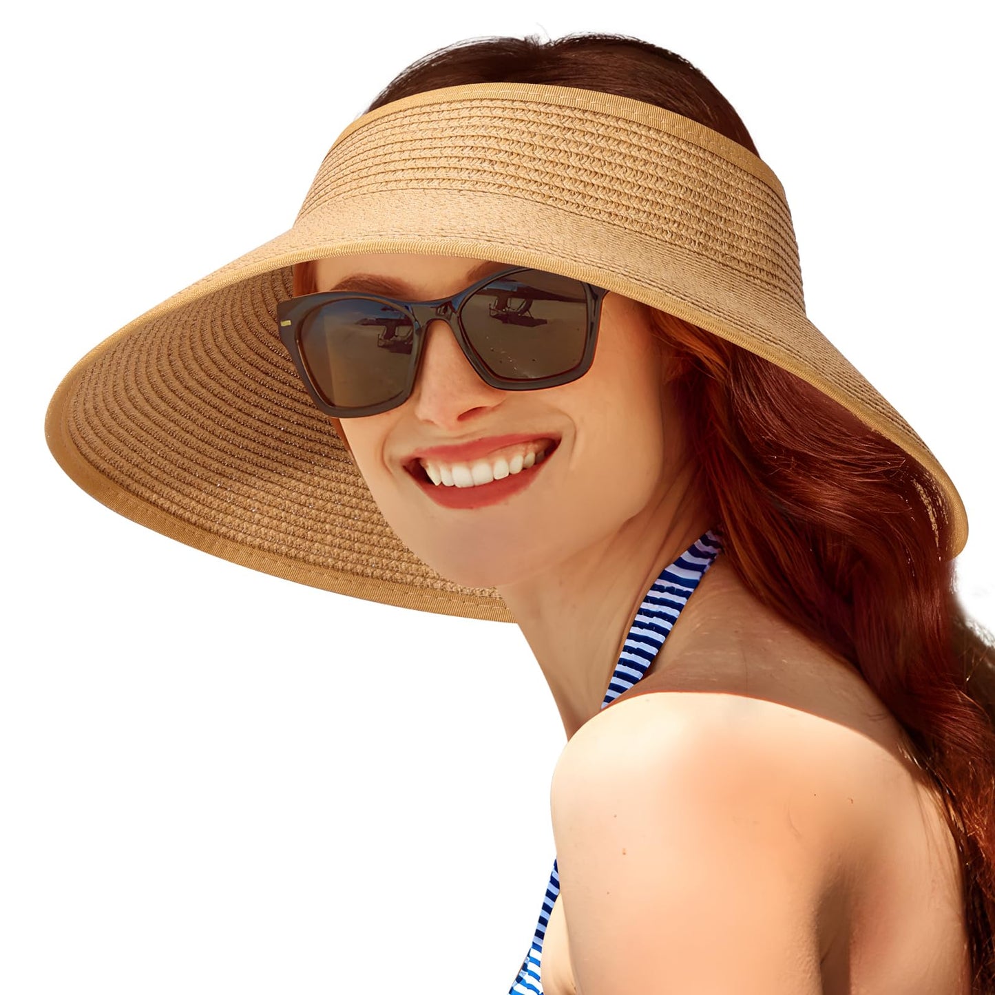 Sun Visor Hats for Women, Summer Packable Straw Beach Hat UV Protection 2025, Women's Ponytail Hat, Foldable Travel- Khaki