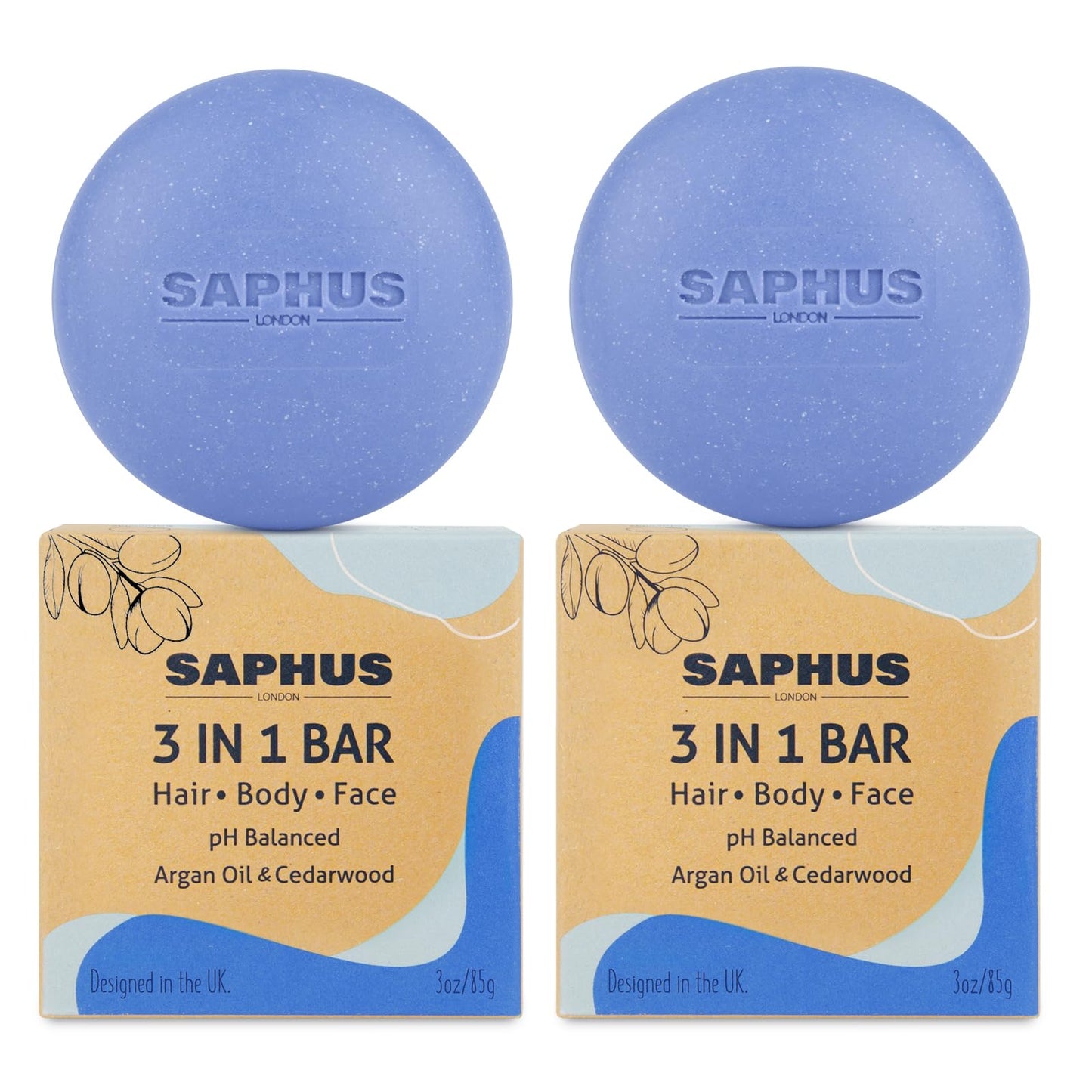 SAPHUS All-in-One Shampoo Bars for Hair, Body, Face & Beard | Acidified Bar Soap Moisturizing & Cleansing Bar for Men, Women, Kids | pH Balanced, Sulfate-Free, 2 Pack