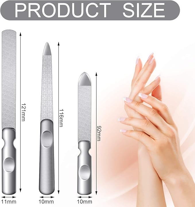 3 Pcs Stainless Steel Nail Files Kit with Leather Case, Double Sided Metal Nail Files with Anti-Slip Handle for Women and Men, Metal File Buffer Manicure Pedicure Tools for Fingernail Toenail(Brown)