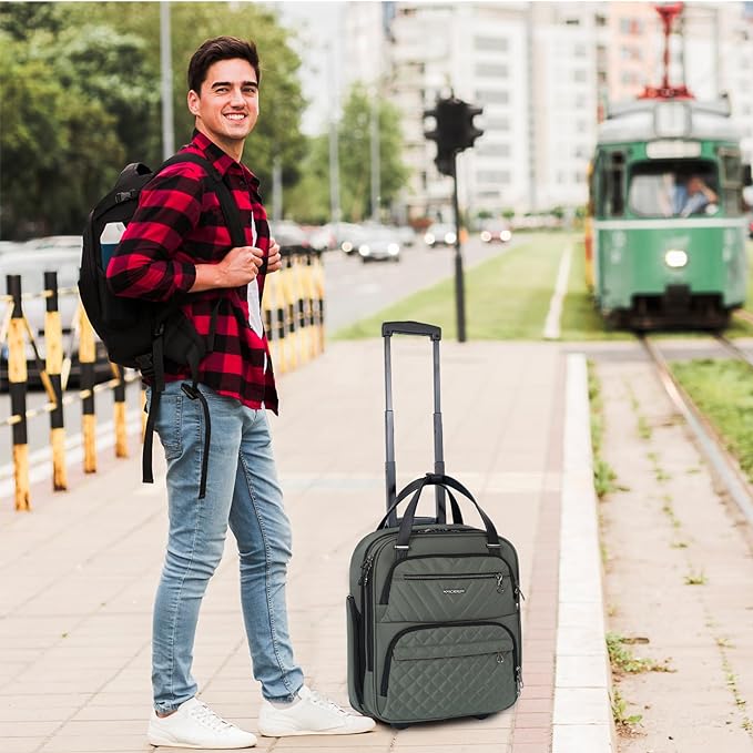 KROSER Carry On Underseat Multi-functional, 16-inch Underseater Lightweight Overnight Suitcase for Women, Army Green