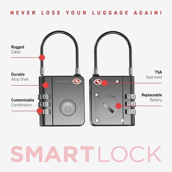 KeySmart SmartLock Tracking Luggage Locks TSA Approved-Compatible with Apple Find My App, Bluetooth GPS Tracker, Replaceable Non-Rechargeable Battery, Lock Your Suitcases and Keep Track of It (1 Pack)