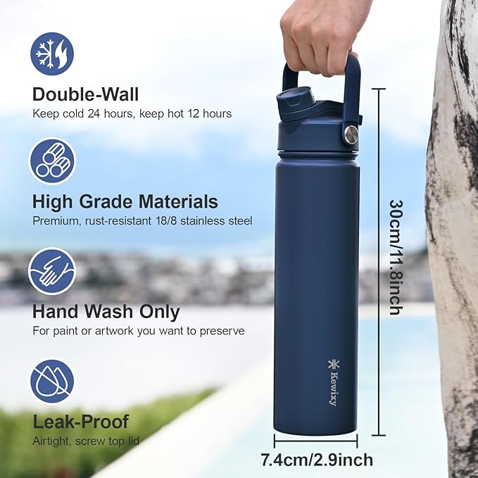 24 oz Insulated Water Bottle, 2-in-1 Lid, Straw & Spout with Protected, Leak Proof, Keep Cold, Stainless Steel, Metal, Reusable, Handle, for Travel, Gym and School, 2 Lids, Denim Blue