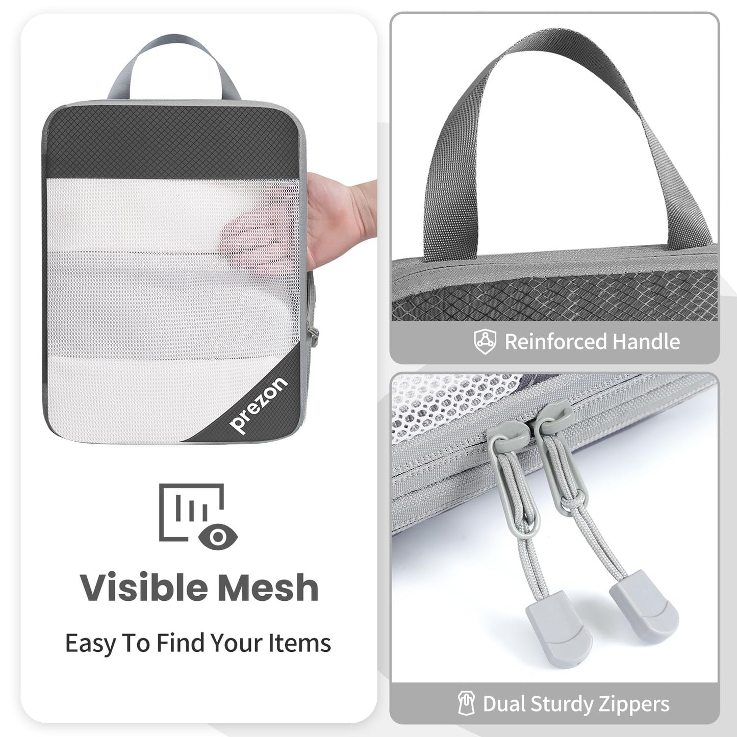 Prezon 8 Set/6 Set/4 Set Compression Packing Cubes for Travel, Lightweight Vacation Travel Essentials,Accessories for Suitcase Organizer Bags Set, Durable Luggage Organizer (6-half mesh-Grey)