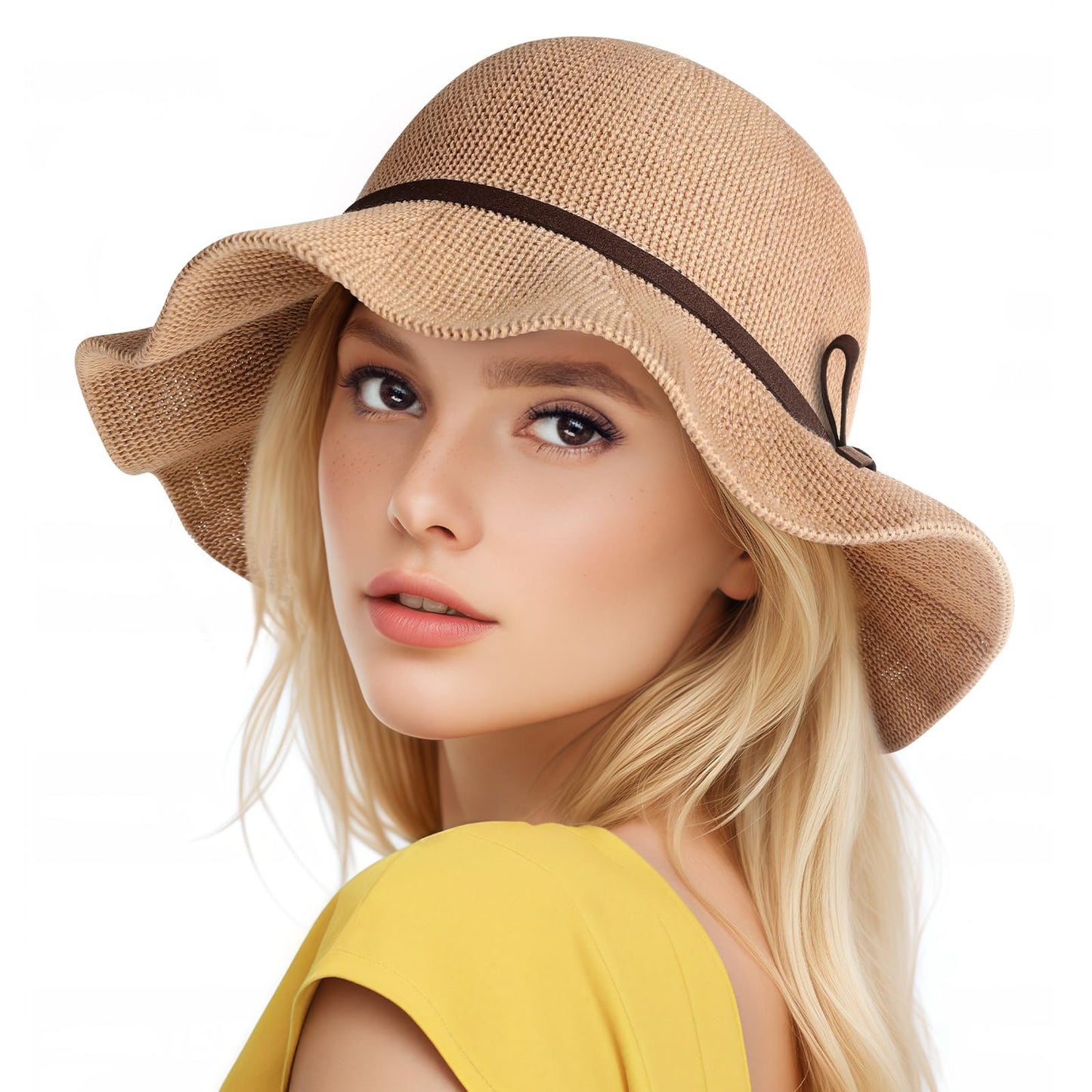 Sun Beach Hats Summer for Women, UPF 50+ UV Sun Protection Woven Crochet Hat Foldable Packable Roll up Knitted Cap, Khaki
