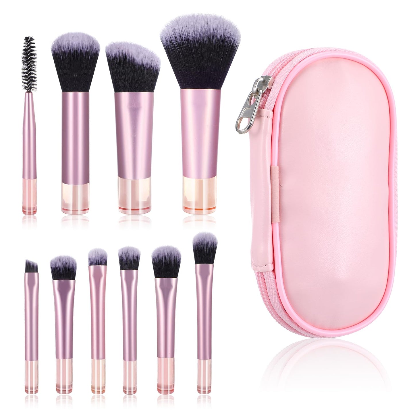 10 Pcs Easy-Taken Travel Makeup Brushes Mini Makeup Brush Set Portable Travel Brush Set with Pack Suitable for Foundation Eye Shadow Lipstick Concealer Highlighting Shadow Contour Blush (Pink)