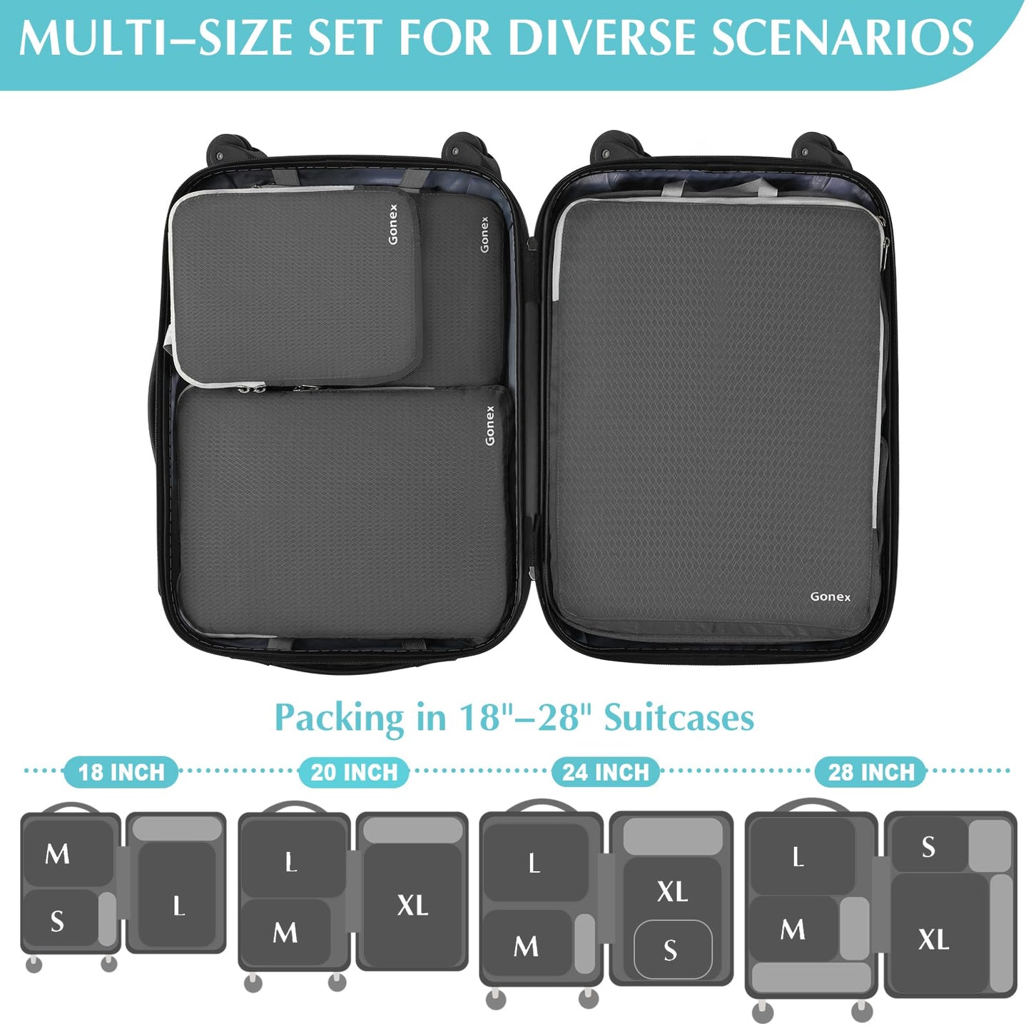 Gonex Compression Packing Cubes, 4pcs Expandable Storage Travel Luggage Bags Organizers (Deep Gray)