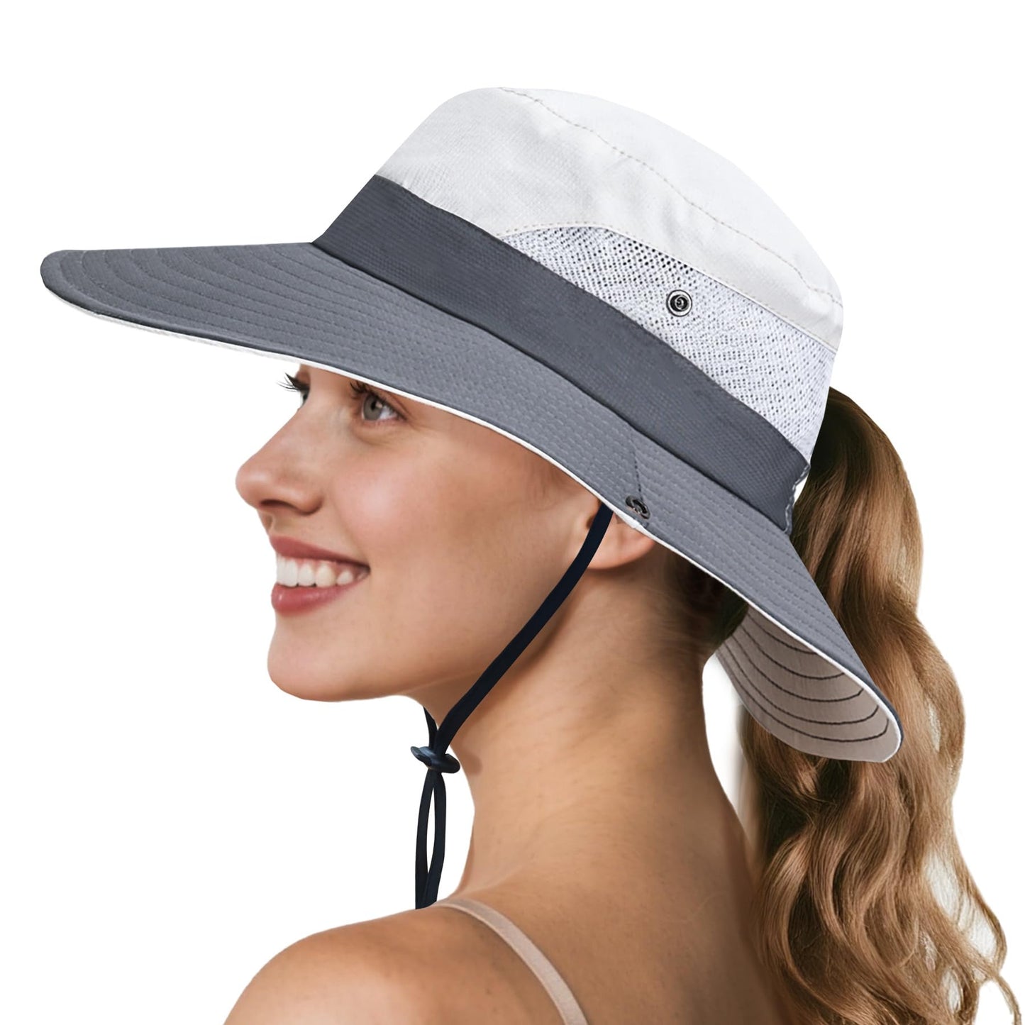 NPQQUAN Ponytail Sun Bucket Hat for Women Men Wide Brim UPF 50+ Fishing & Beach Hats Beige/Grey