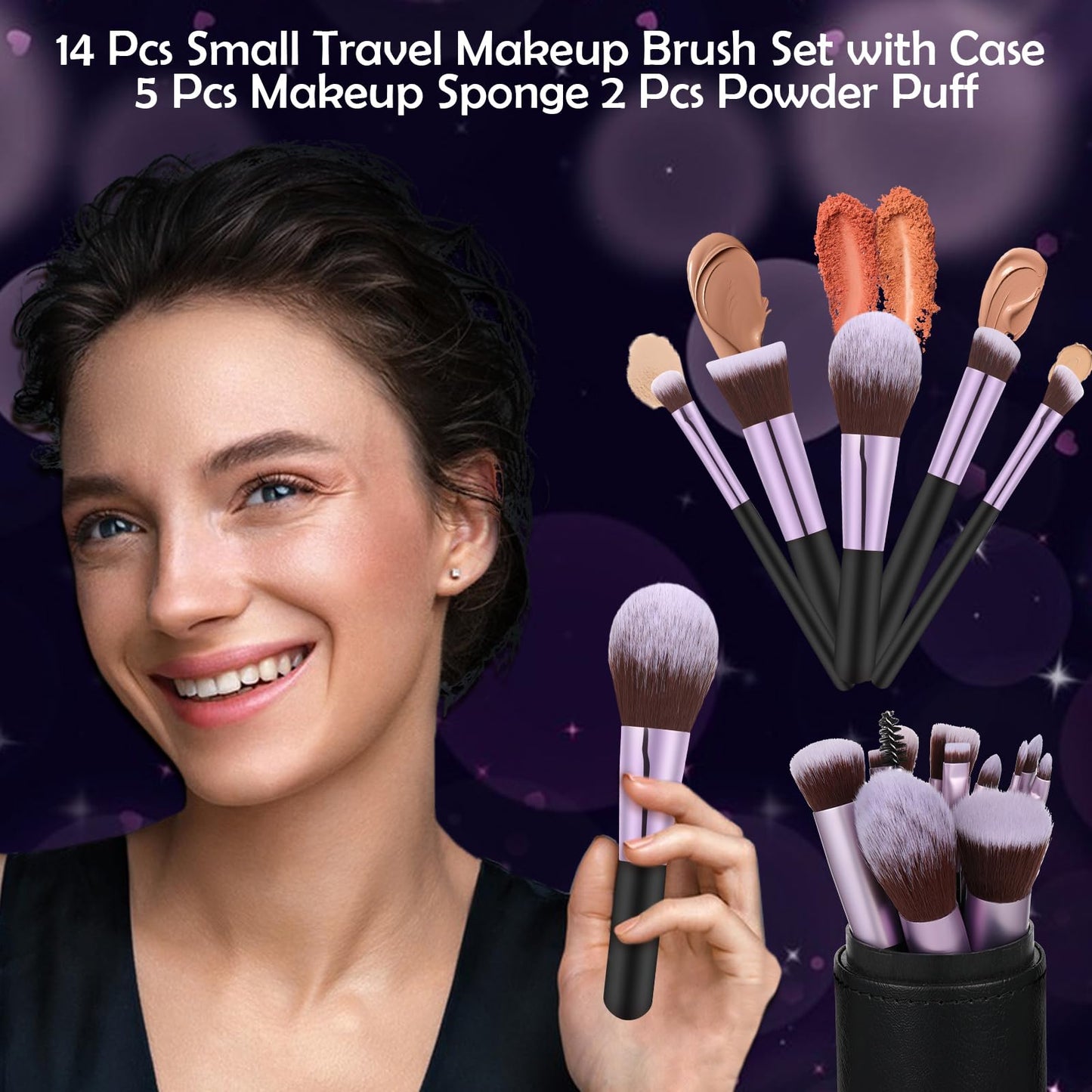 14 Pcs Travel Makeup Brush Set Portable Mini Makeup Brushes Make up Brush with Case,5 Pcs Makeup Sponge Mother's Day Gift for Foundation Powder Concealers Eye Shadows(Black)