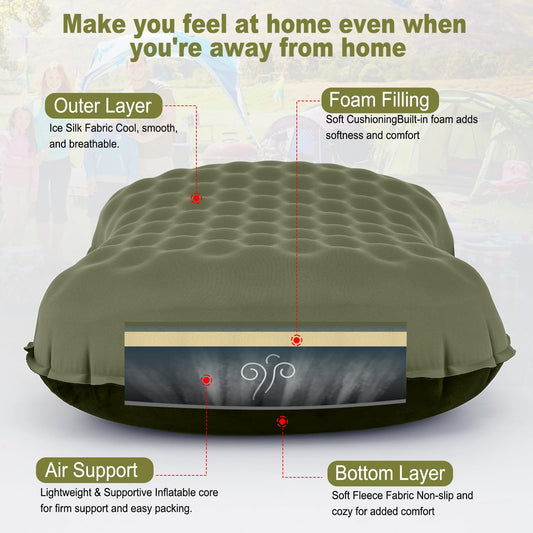 UWILLION Camping Pillow with Ice Silk Memory Foam Cover - Ultralight Inflatable Pillow for Camping Lightweight, Ergonomic and Washable for Camping, Hiking, and Travel Green