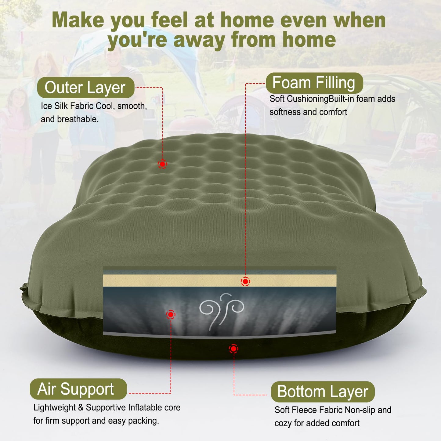 UWILLION Camping Pillow with Ice Silk Memory Foam Cover - Ultralight Inflatable Pillow for Camping Lightweight, Ergonomic and Washable for Camping, Hiking, and Travel Green