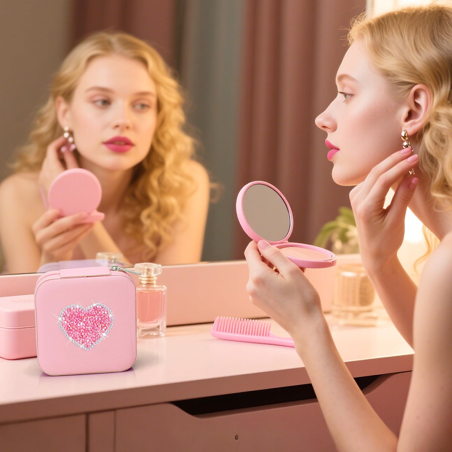 Bling Heart Rhinestone Jewelry Box Gifts for Teen Girls Kids Women,Trendy Sparkly Jewelry Case,Glitter Cute Travel Jewelry Box Organizer,Personalized Holiday Christmas Gifts,Small Size (Pink-Heart)