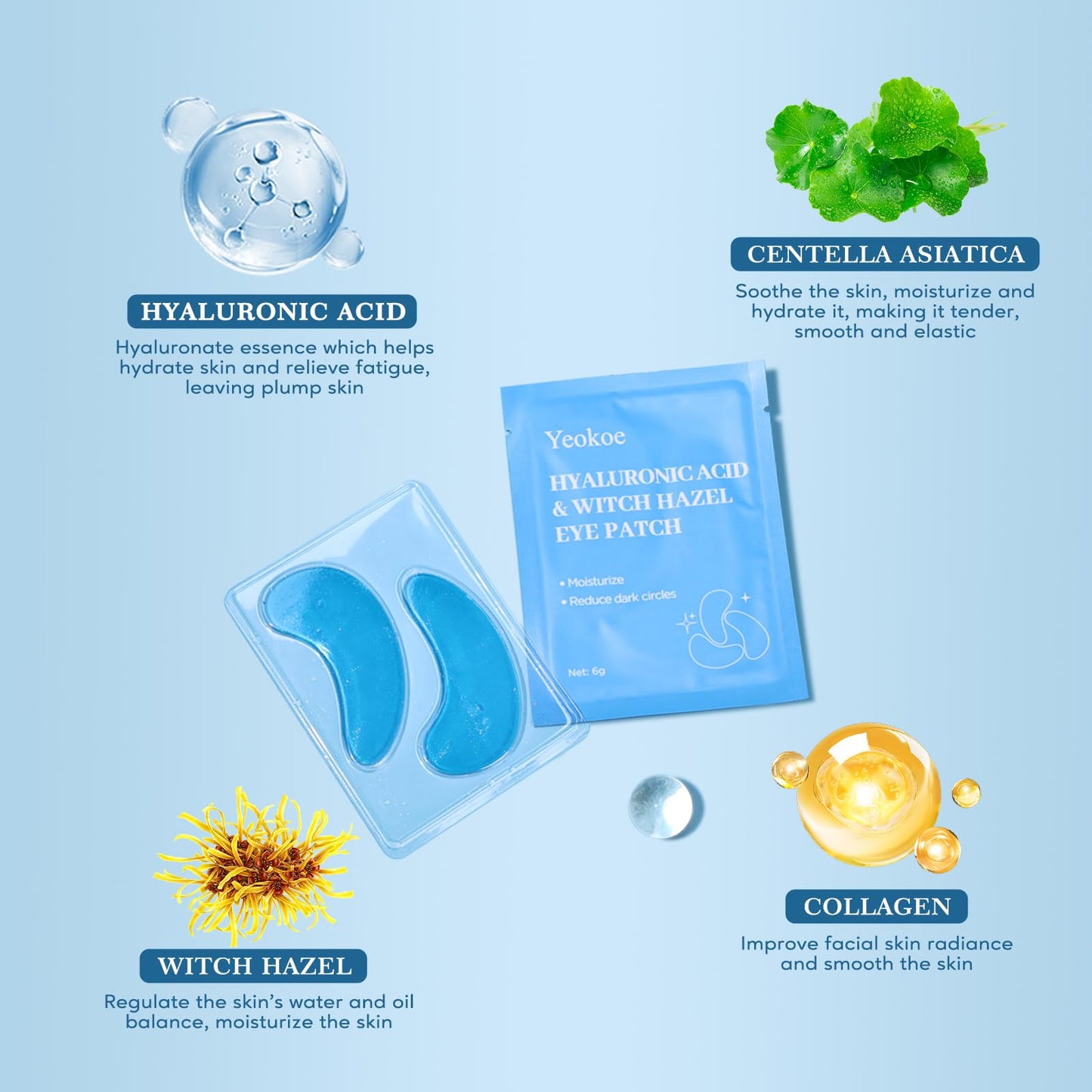 Yeokoe Under Eye Patches for Dark Circles,Puffy Eyes,20 Pairs Face Masks SkinCare With Hyaluronic Acid Witch Hazel for Moisturize