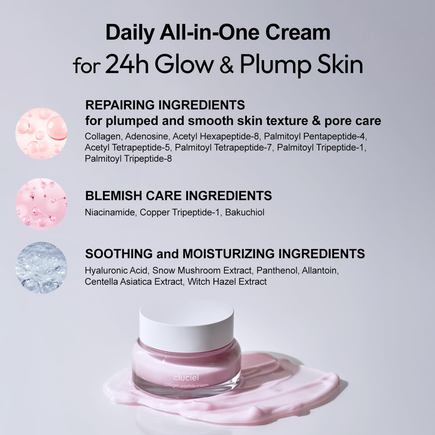 cluciel Collagen Peptide Cream I Moisturizer with Collagen, 7 Peptides, Niacinamide, Blemish Relief Care, Repairs Skin Barrier, Boosts Elasticity, 24h Glow & Plumped Skin (50ml / 1.69 fl.oz)