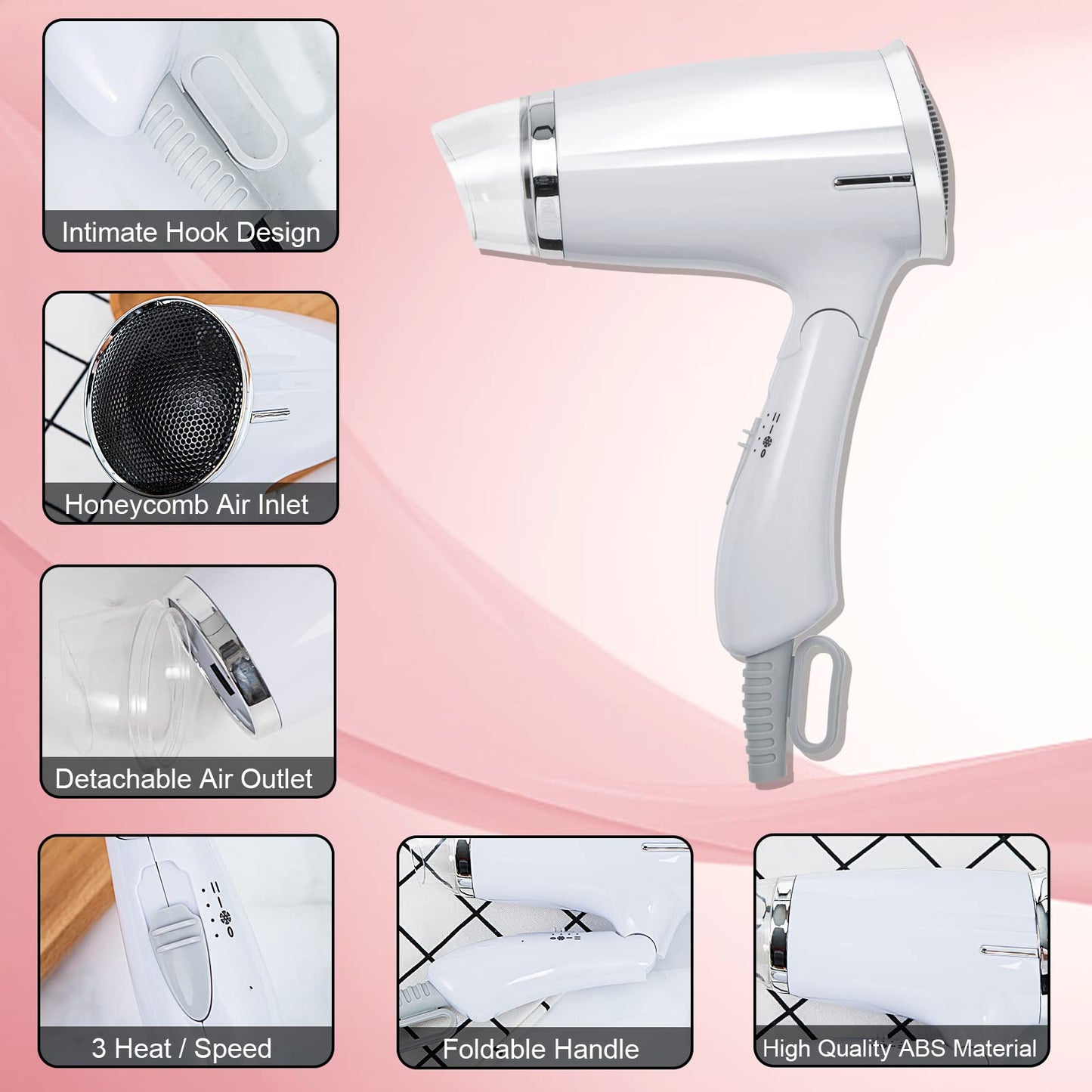 Travel Hair Dryer Folding Hair Blow Dryer Compact Travel Blow Dryer Portabel Small Hair Dryer Heat Settings Lightweight Mini 8x7inch Low Noise (White)