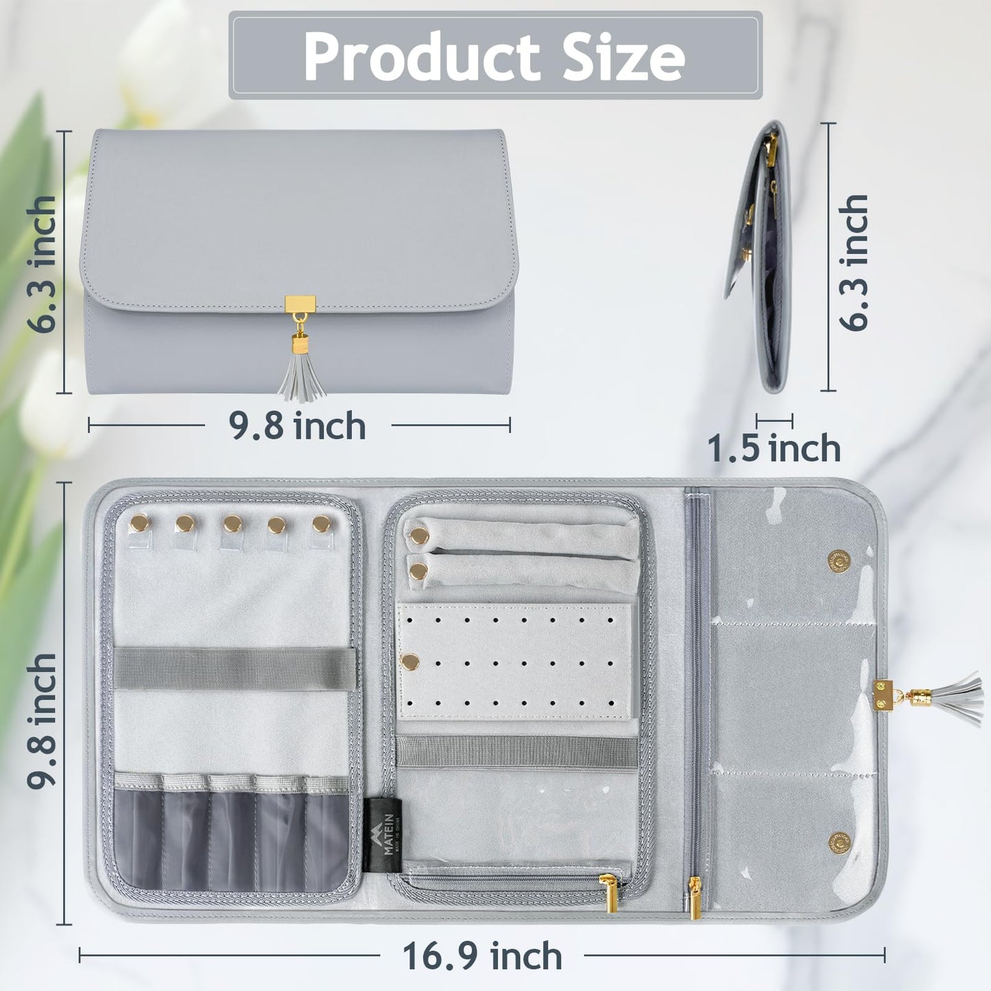 MATEIN Jewelry Travel Organizer for Women, Tangle Free Portable Leather Jewelry Storage Roll Bag Envelope Clutch, Waterproof Lightweight Jewelry Case Holder for Necklaces, Rings, Earrings, Bracelets